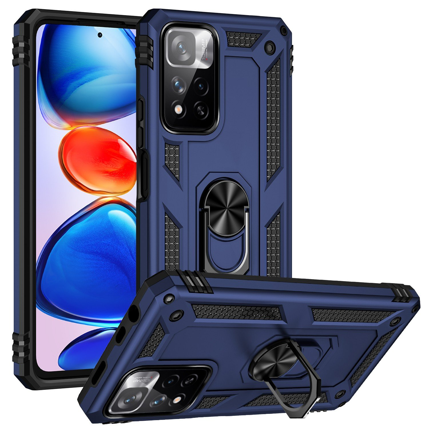 Funda azul para teléfono con soporte de anillo, con dos fundas y un teléfono con pantalla azul y naranja.
