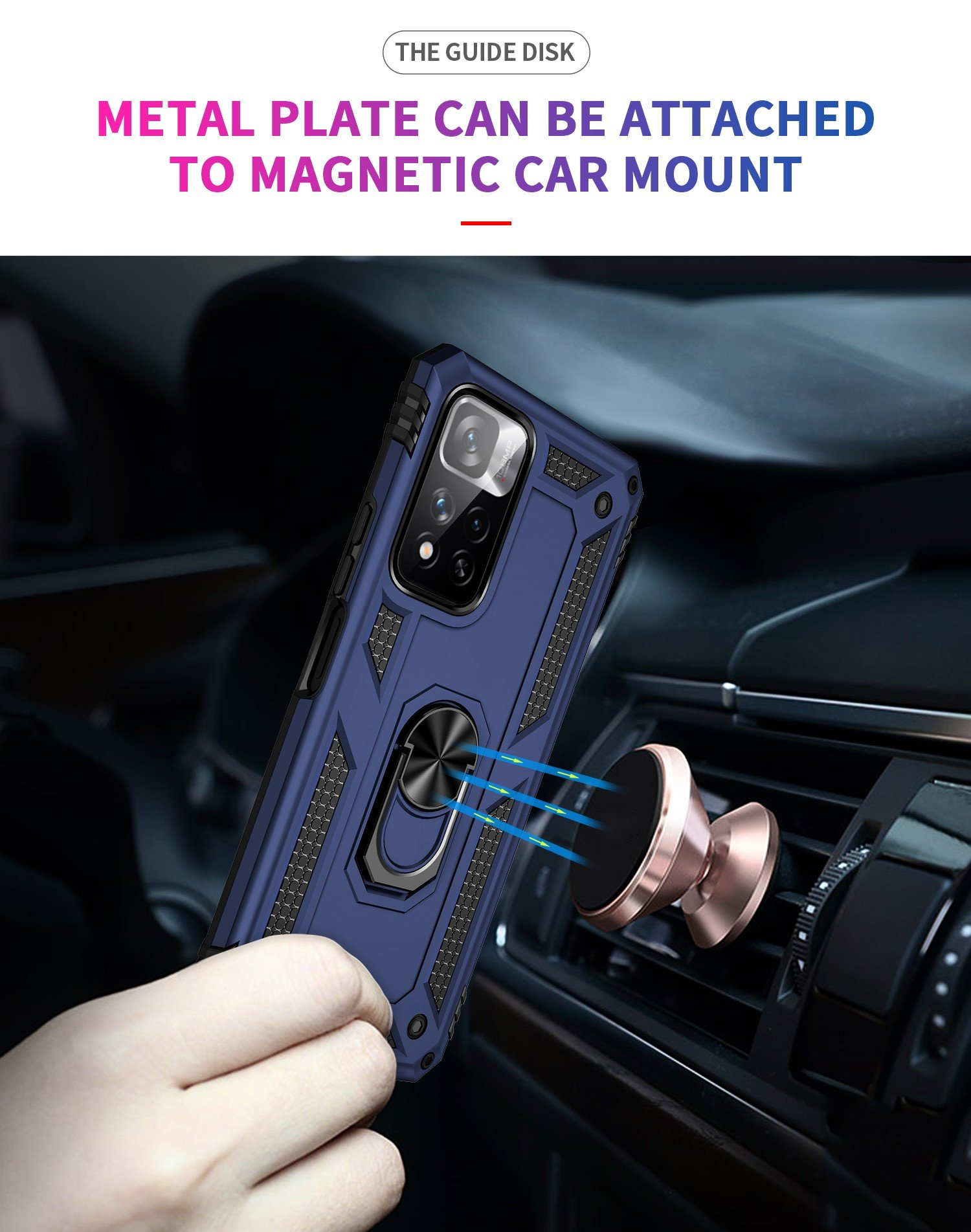 Funda azul para teléfono con soporte de anillo sujeta a un soporte magnético para automóvil. Texto: La placa de metal se puede conectar.