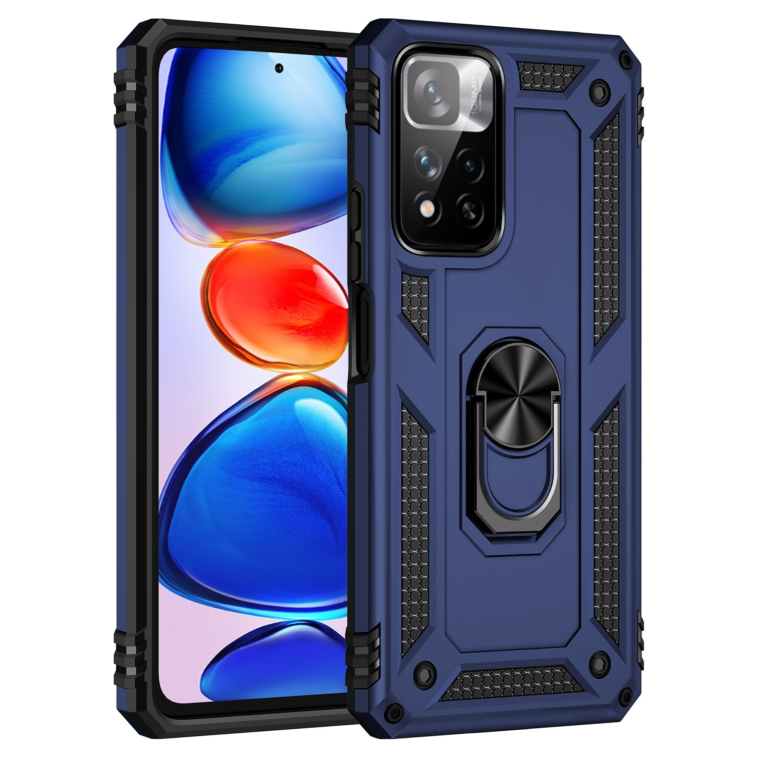 Funda azul para teléfono con un soporte de anillo y un teléfono con fondo naranja y rojo.
