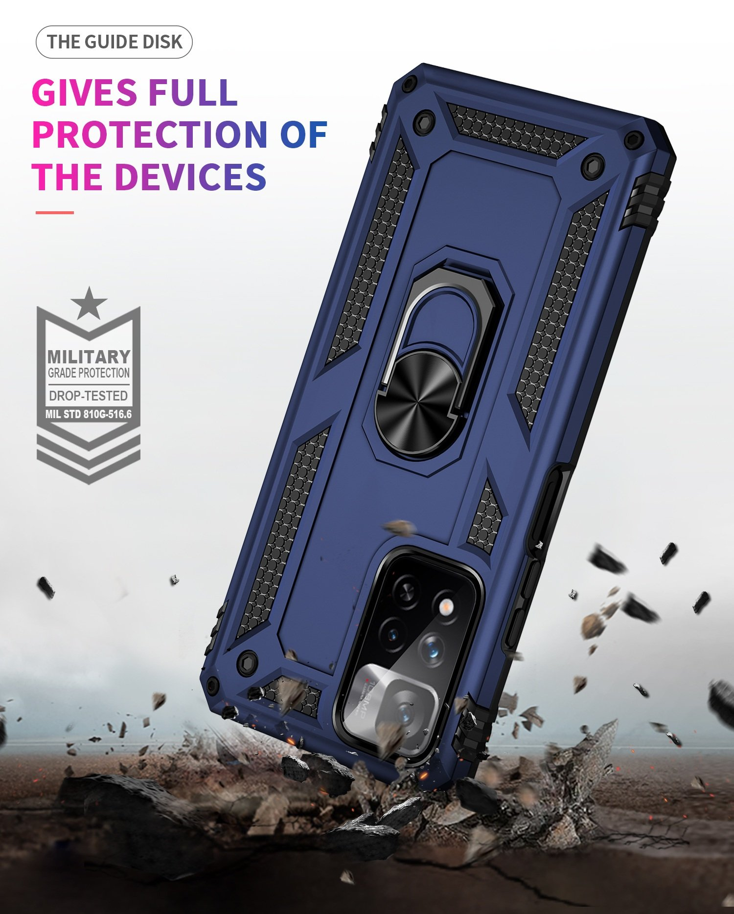 Funda azul para teléfono cayendo. Texto: Ofrece protección total. También, Protección de grado militar. Probado contra caídas.