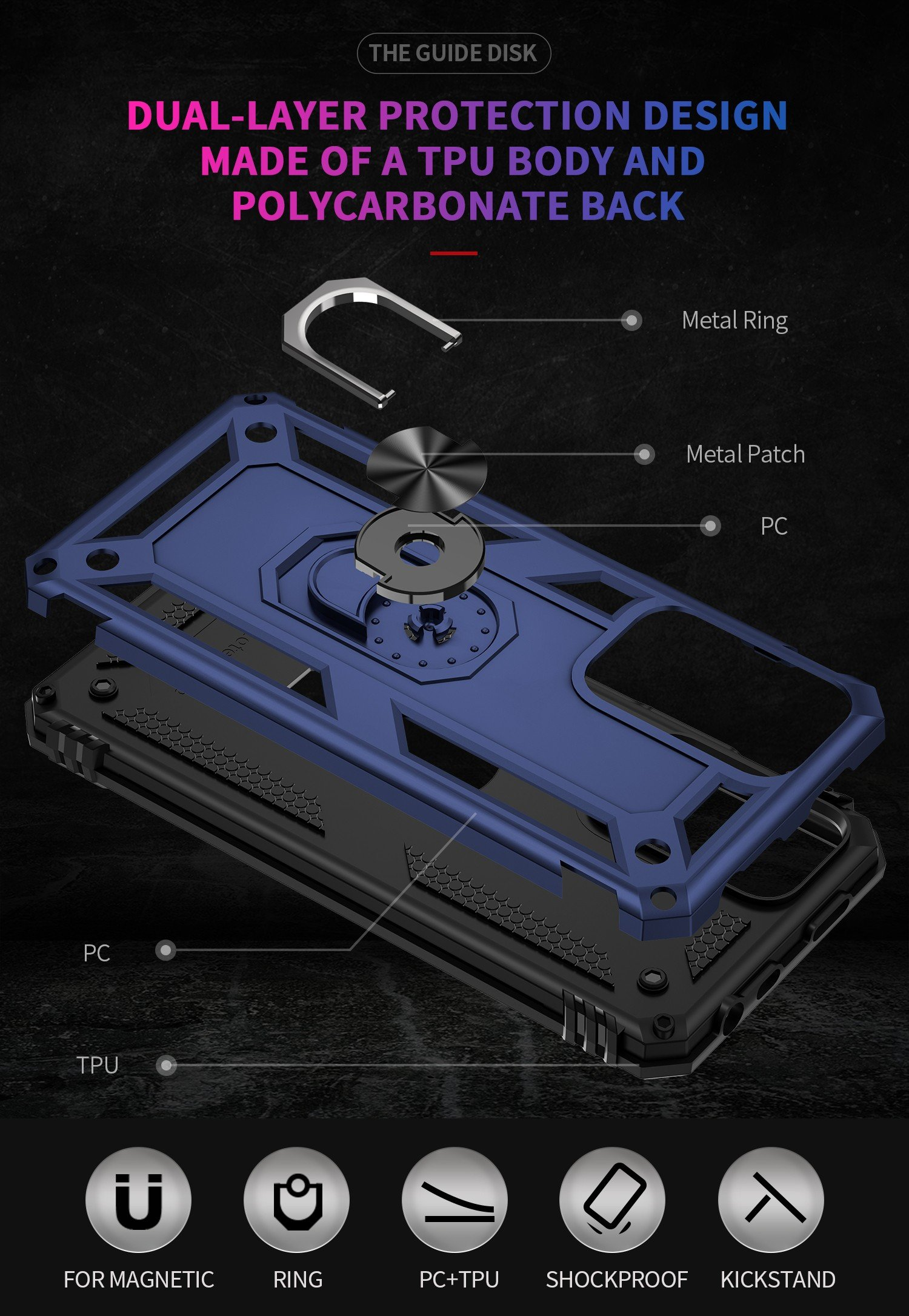 Diagrama de una funda de teléfono con anillo metálico, parche metálico, PC, TPU, para anillo magnético, a prueba de golpes.