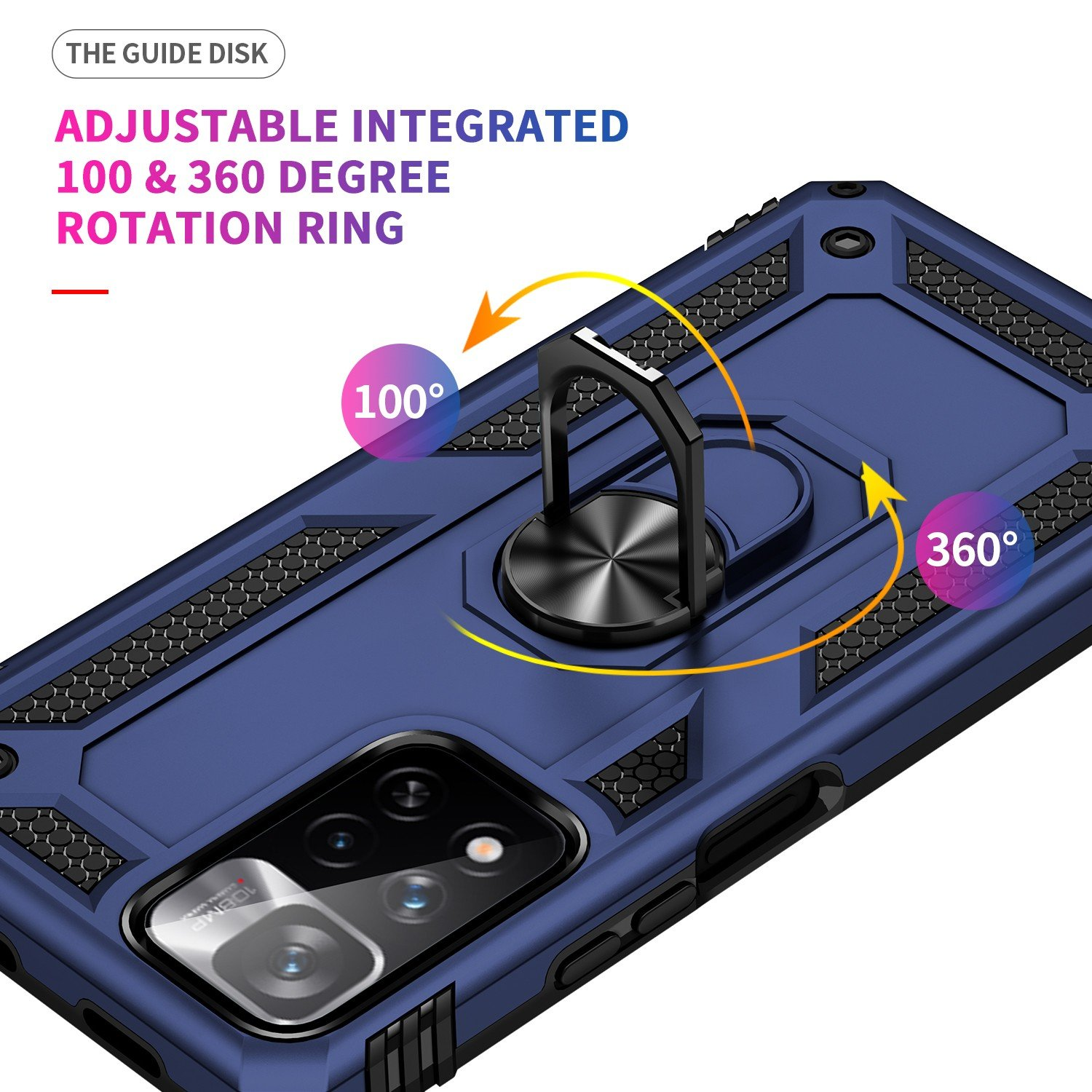Una funda azul con un soporte de anillo negro, con opciones de rotación de 100 y 360 grados.