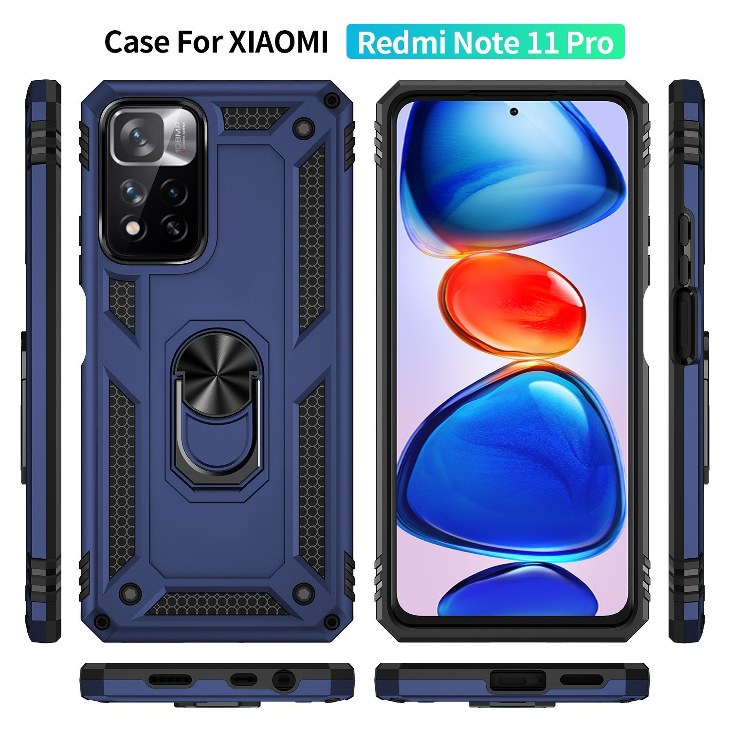Funda azul para teléfono con soporte de anillo, mostrada desde múltiples ángulos. Teléfono en la funda.