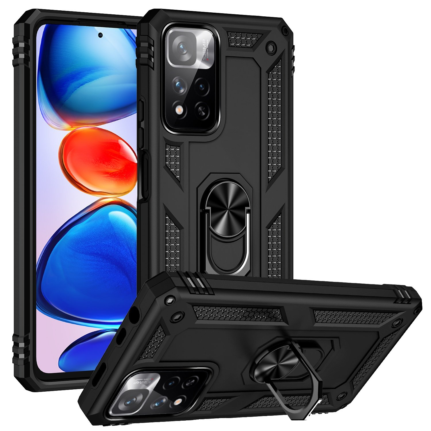Funda negra para teléfono con detalles negros y un soporte de anillo, junto a un teléfono. Texto: Soporte de anillo de metal.