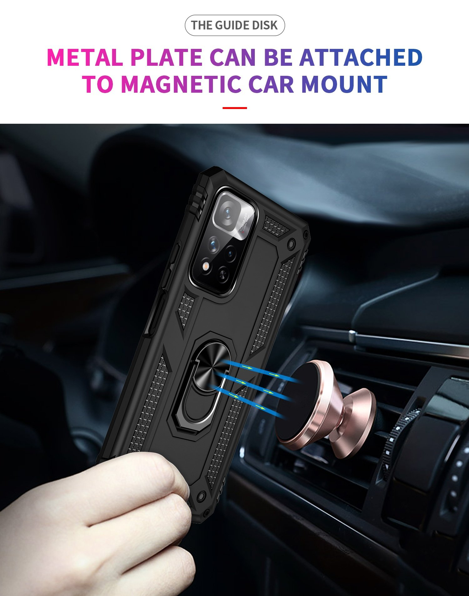 Funda de teléfono negra sujeta a un soporte magnético para automóvil. Texto: La placa metálica se puede conectar al soporte magnético para automóvil.