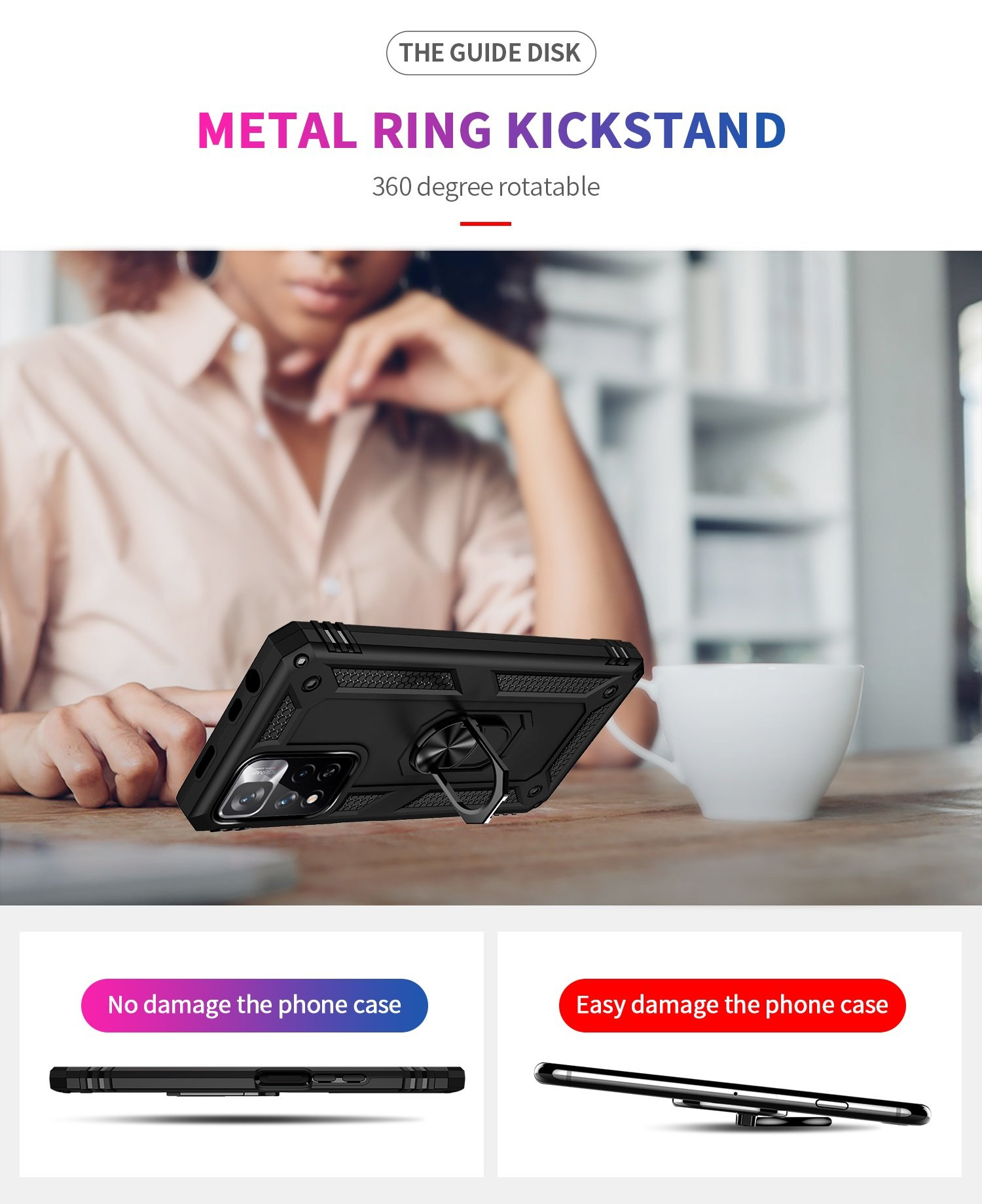 Una funda negra para teléfono con soporte de anillo se coloca sobre una mesa. También se ve una taza blanca. Texto: Soporte de anillo de metal.
