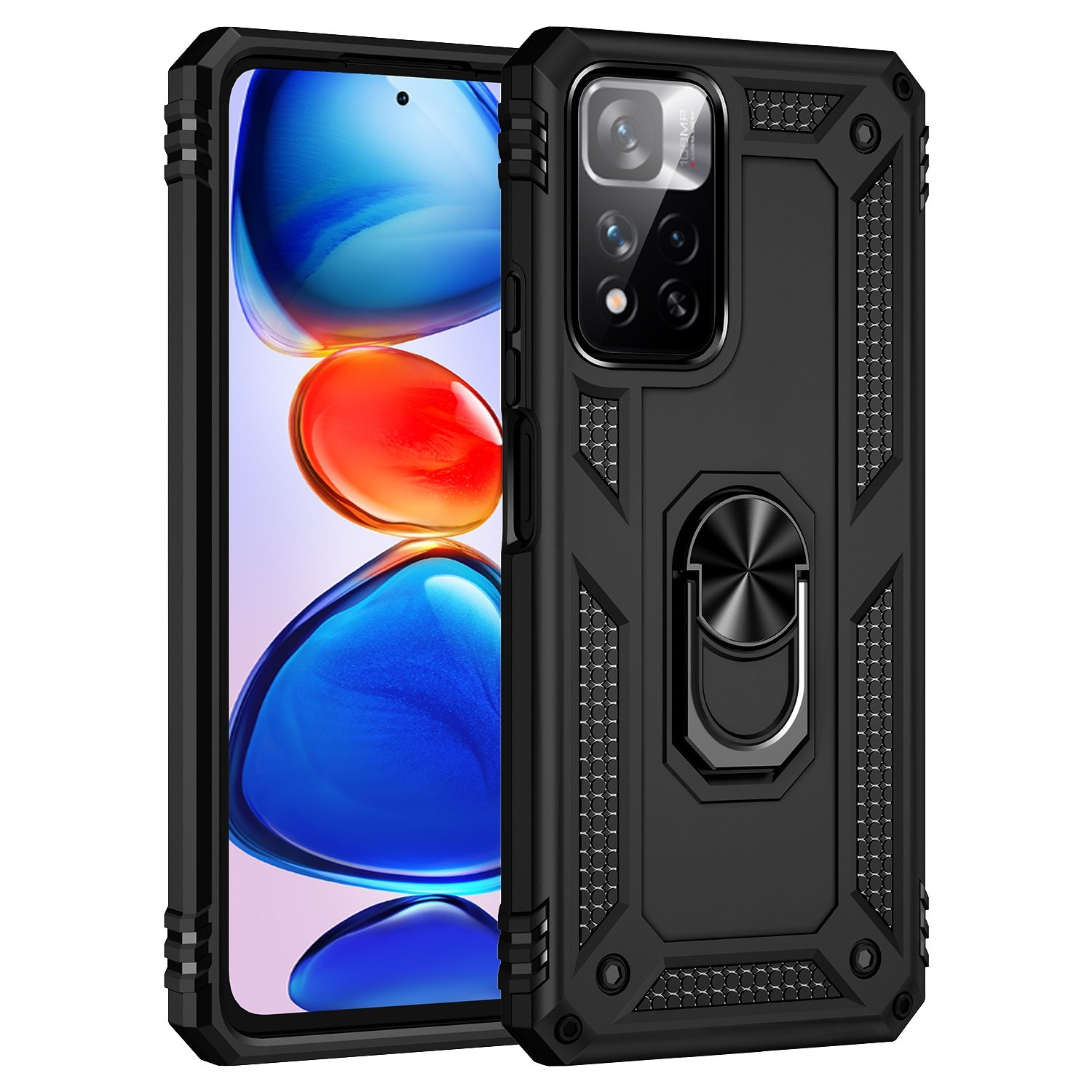 Funda de teléfono negra con soporte de anillo. La pantalla muestra un fondo de pantalla colorido.