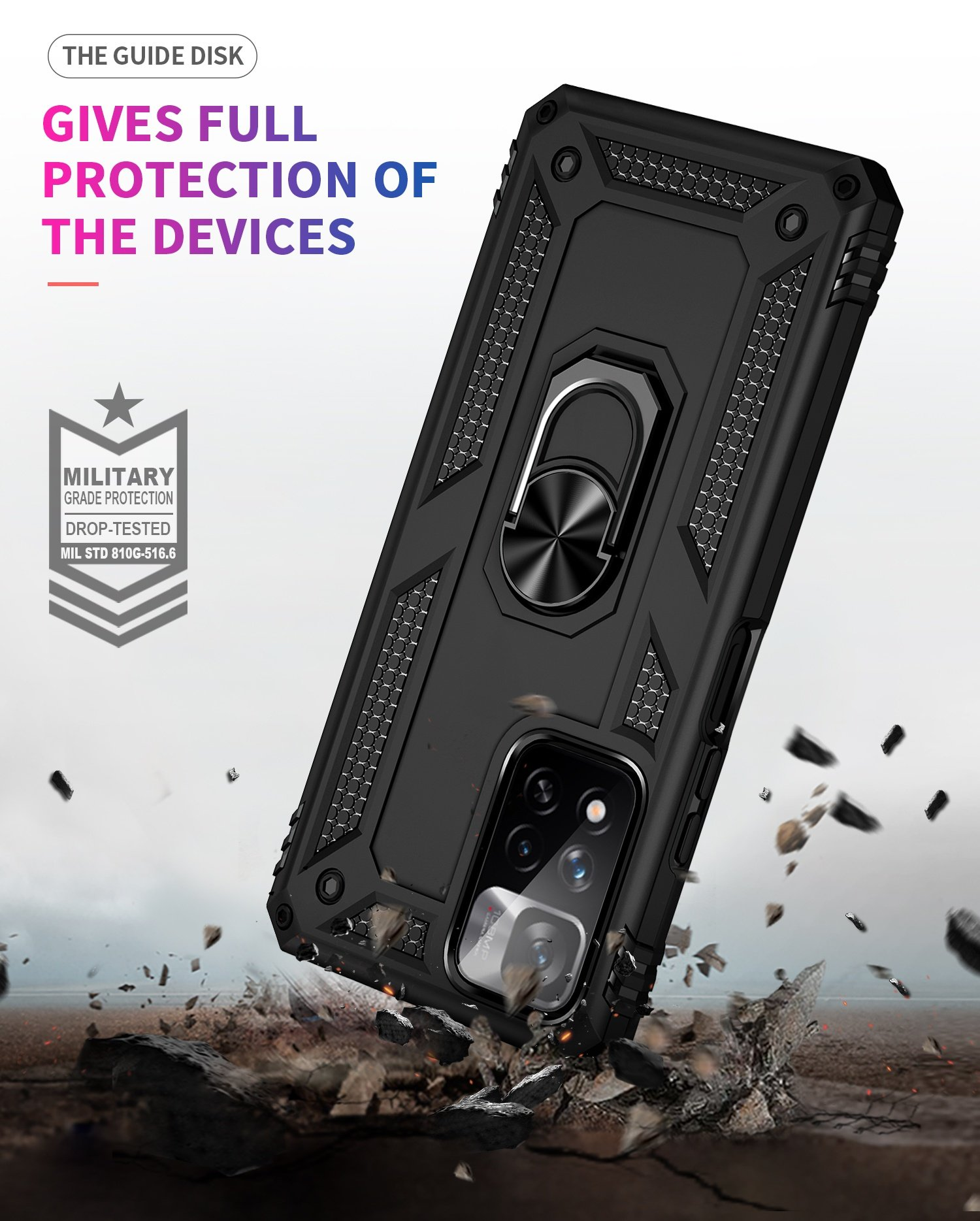 Funda azul para teléfono cayendo. Texto: Ofrece protección total. También, Protección de grado militar. Probado contra caídas.