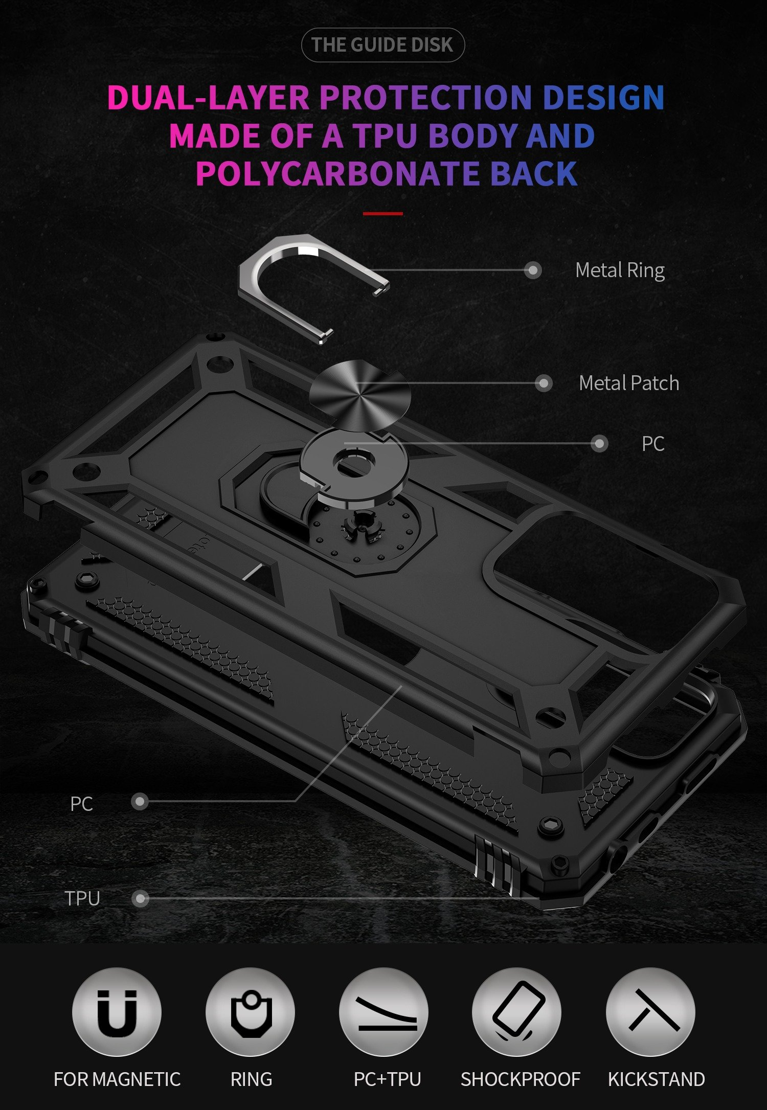 Diagrama de los componentes de una funda negra para teléfono. Texto: Diseño de protección de doble capa hecho de cuerpo de TPU y parte trasera de policarbonato.