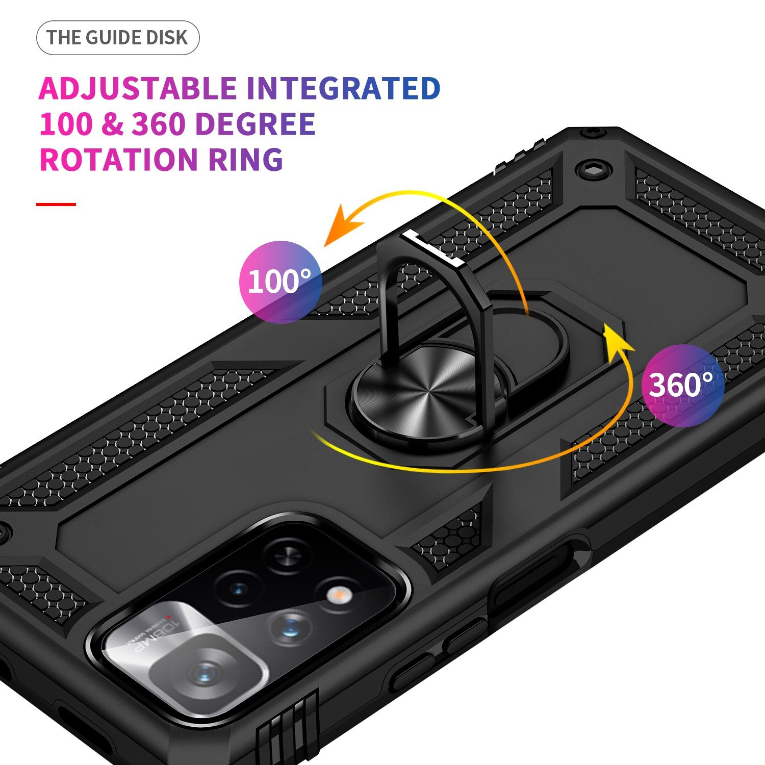 Una funda negra para teléfono con soporte de anillo. Texto: Anillo giratorio integrado ajustable de 100 y 360 grados.