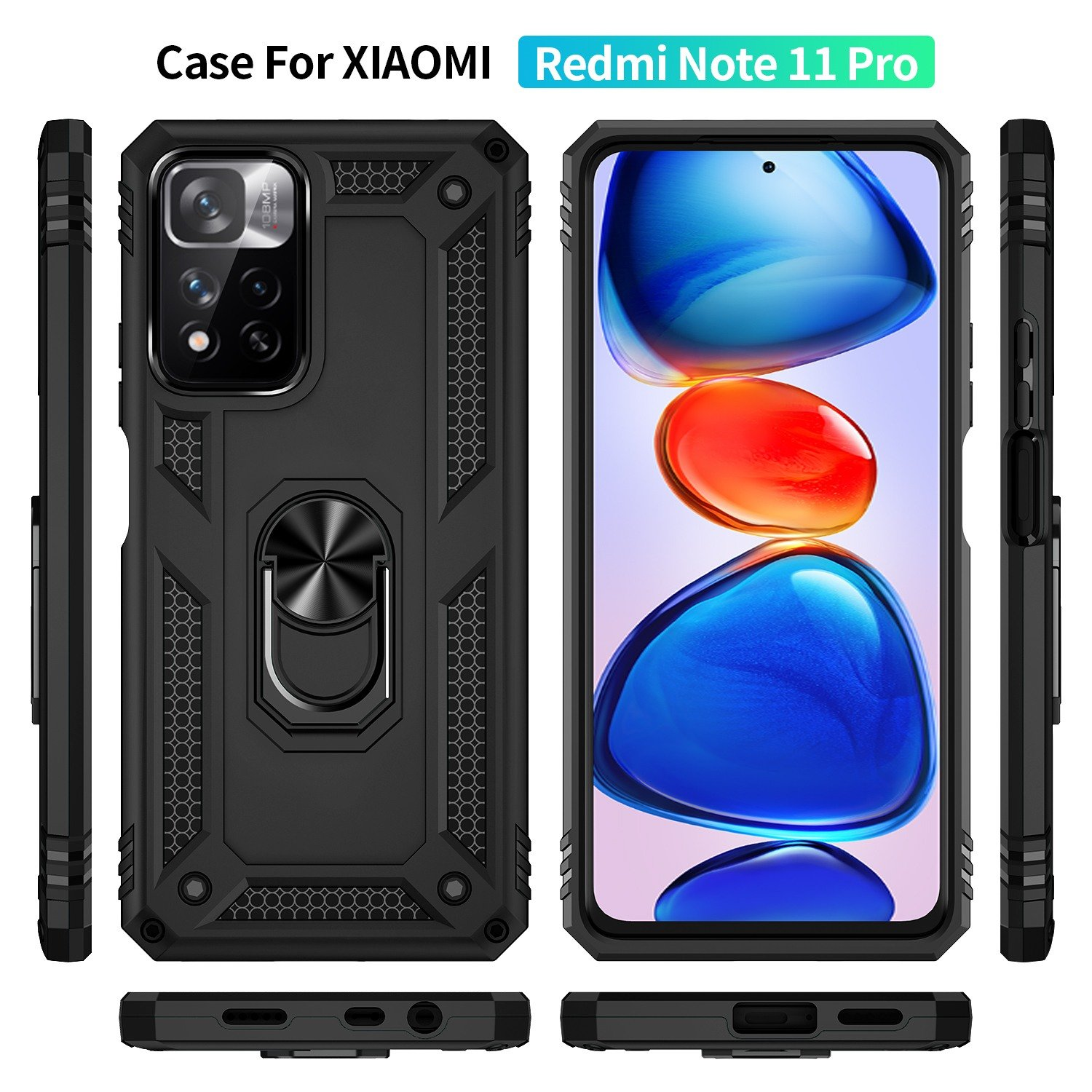Múltiples vistas de una funda negra para teléfono. Texto: Funda para XIAOMI Redmi Note 11 Pro.