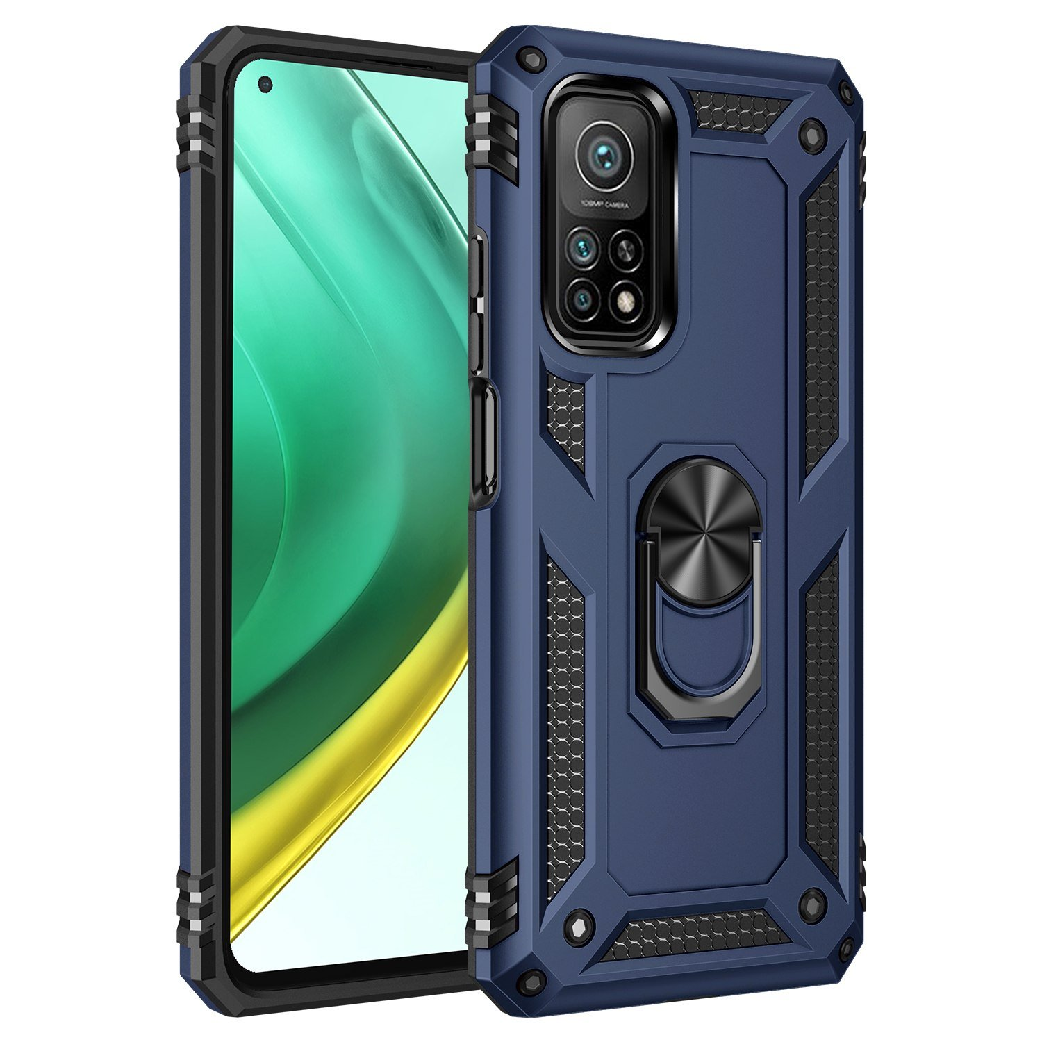 Funda de teléfono azul con anillo metálico sujeta al teléfono. Se coloca sobre un fondo blanco.