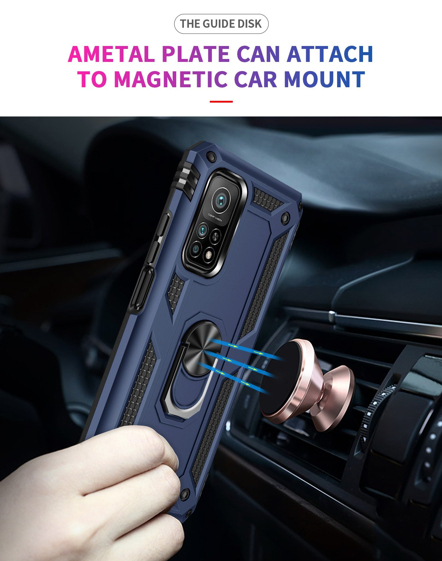 Funda de teléfono azul con anillo metálico, sujeta a soporte magnético para coche. En un coche.