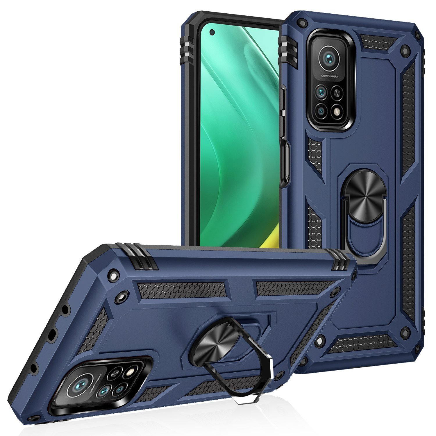Fundas de teléfono azules apiladas. Una descansa sobre una superficie y otra está de pie.