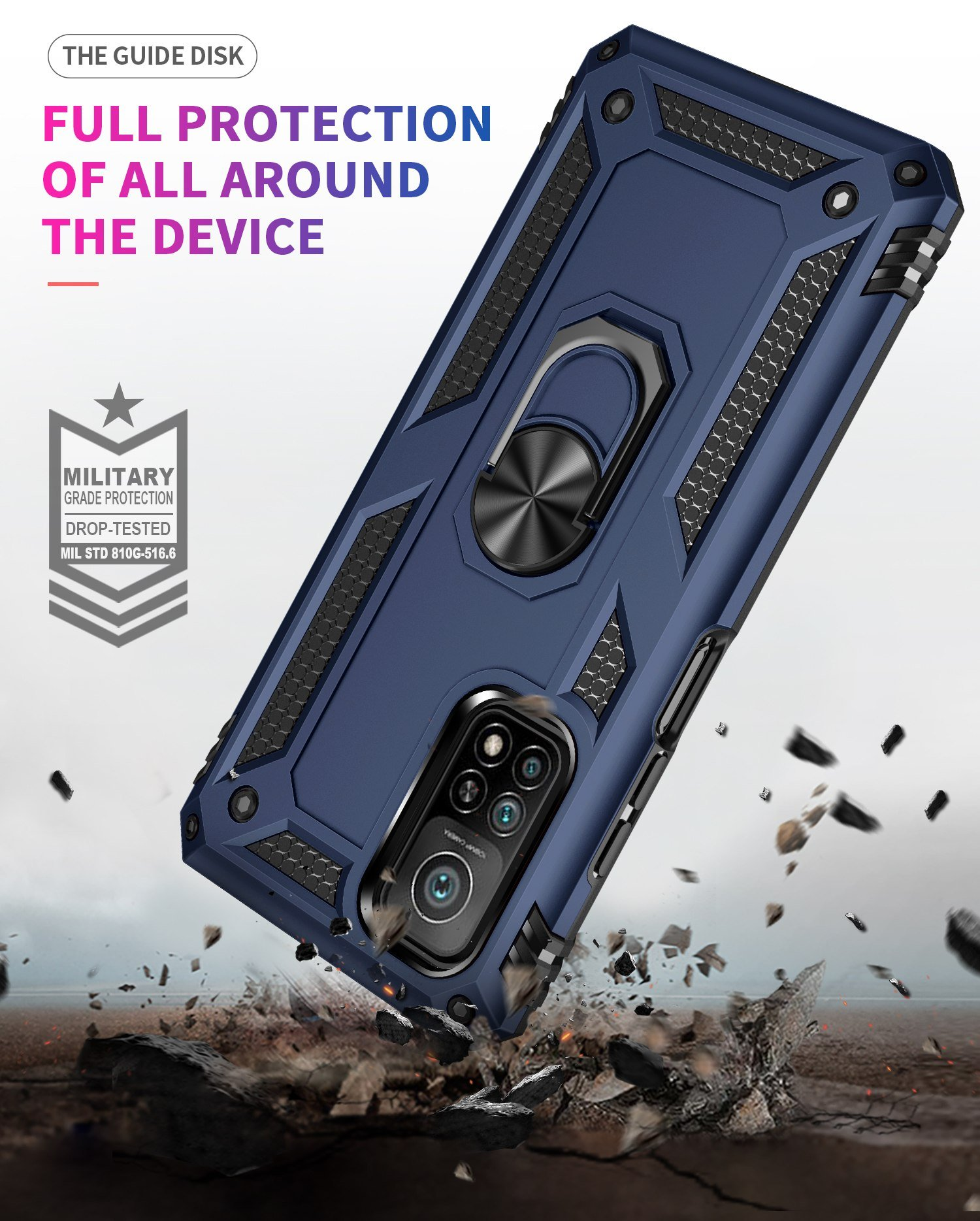Funda de teléfono azul con anillo metálico. Se muestran escombros a su alrededor. Se indica protección de grado militar.