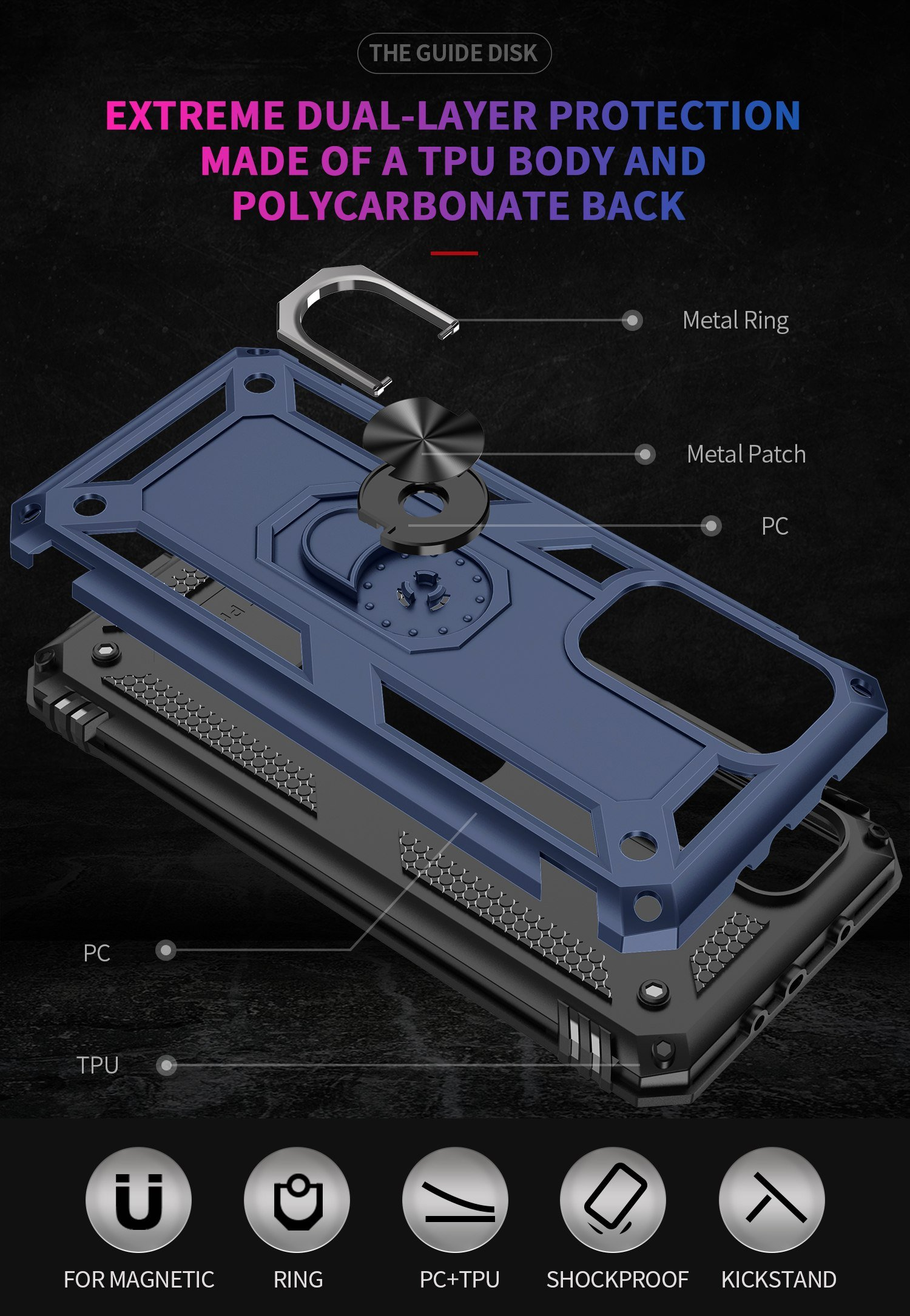 Diagrama de una funda de teléfono azul. Muestra anillo metálico, parche metálico, capas PC y TPU. Para magnético, anillo, PC+TPU, a prueba de golpes, soporte.