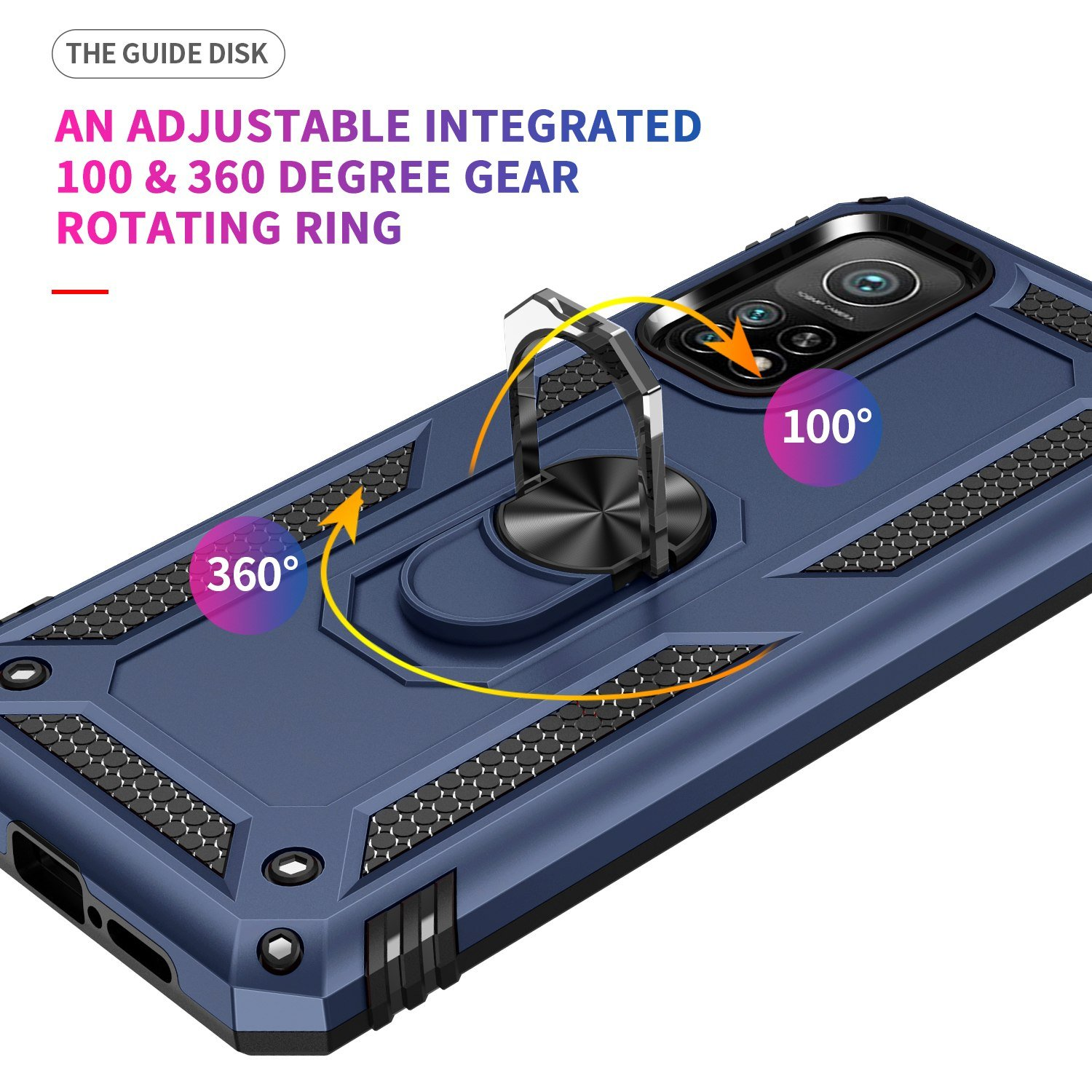 Funda de teléfono azul con anillo metálico. Flechas muestran rotación de 100 y 360 grados.