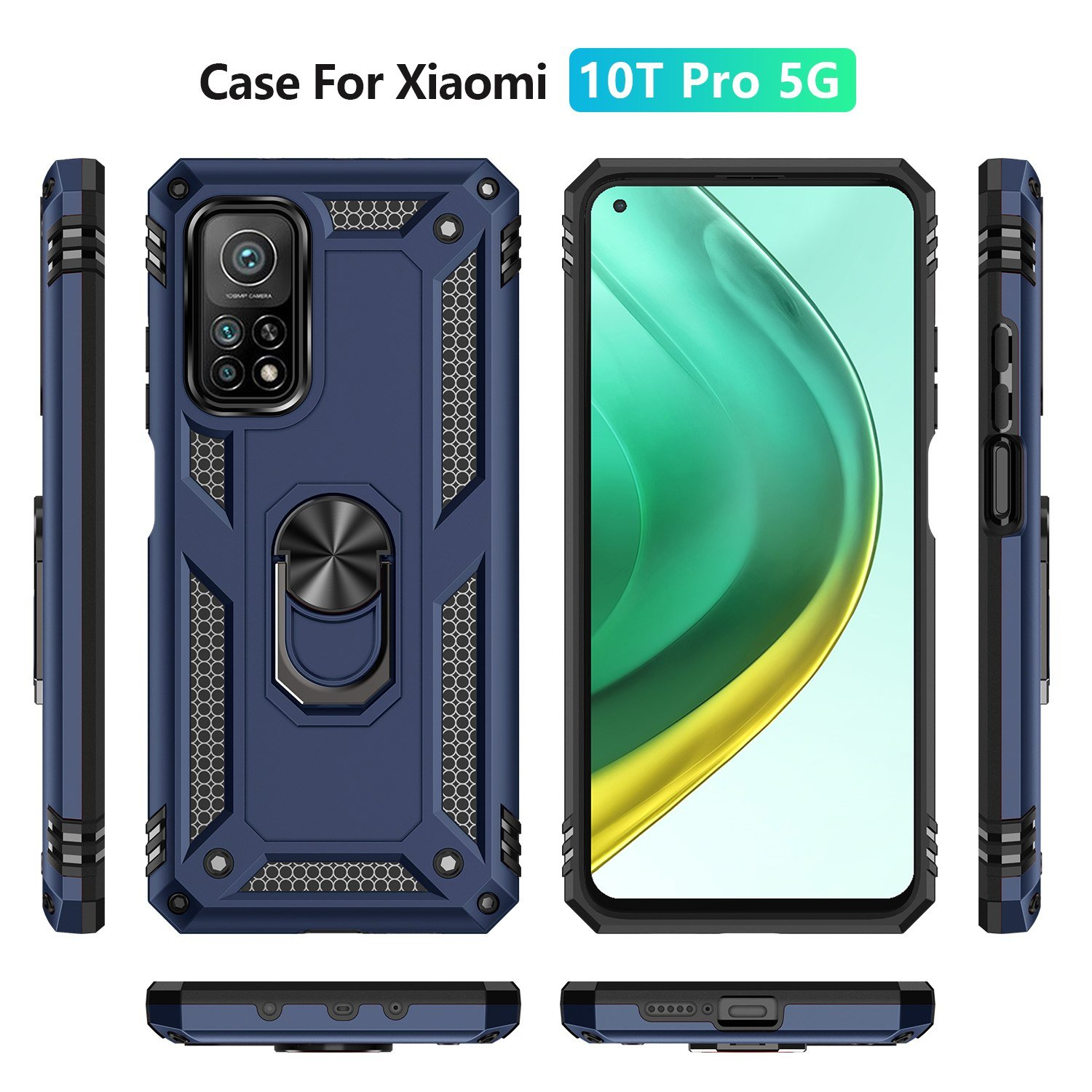 Funda azul para teléfono con anillo metálico y cámara. Múltiples vistas del teléfono con la funda.