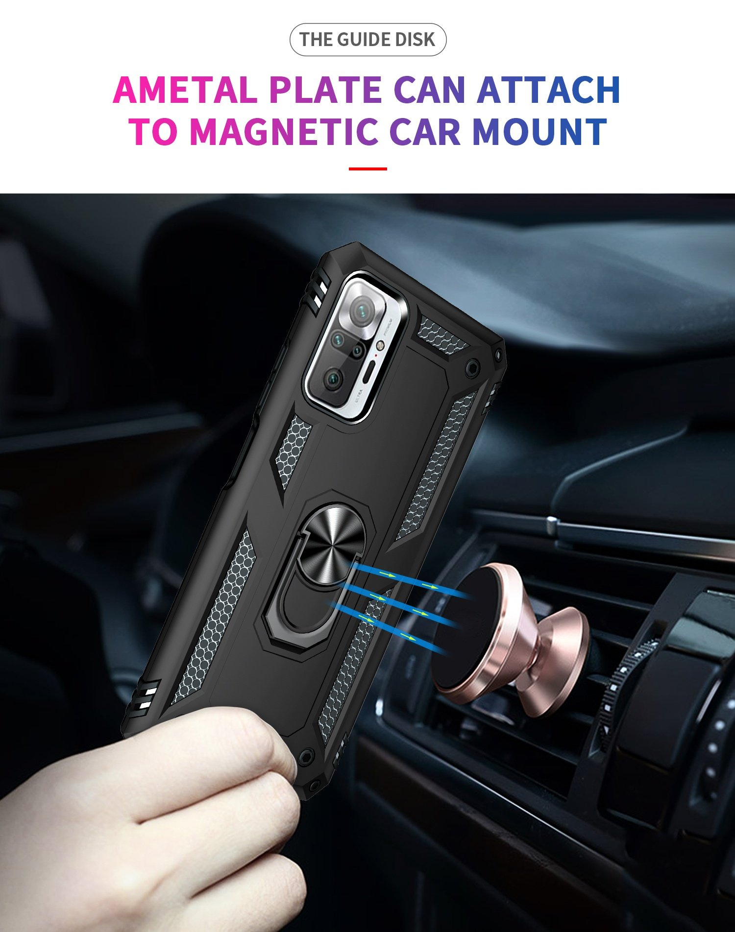 Funda de teléfono negra con anillo metálico, sujeta a un soporte magnético para coche. En un coche.