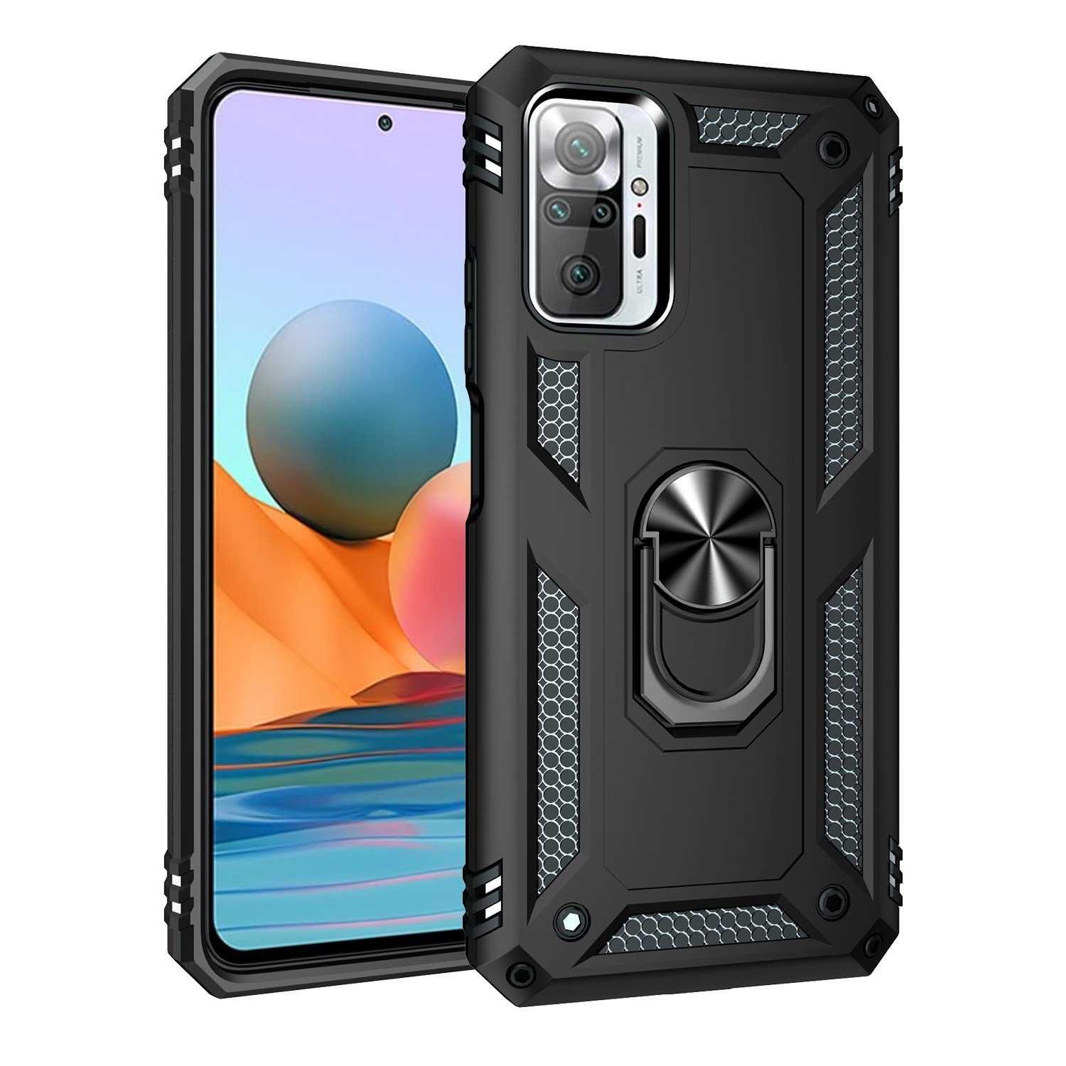 Funda negra para teléfono, vista lateral de un teléfono con fondo azul y naranja.