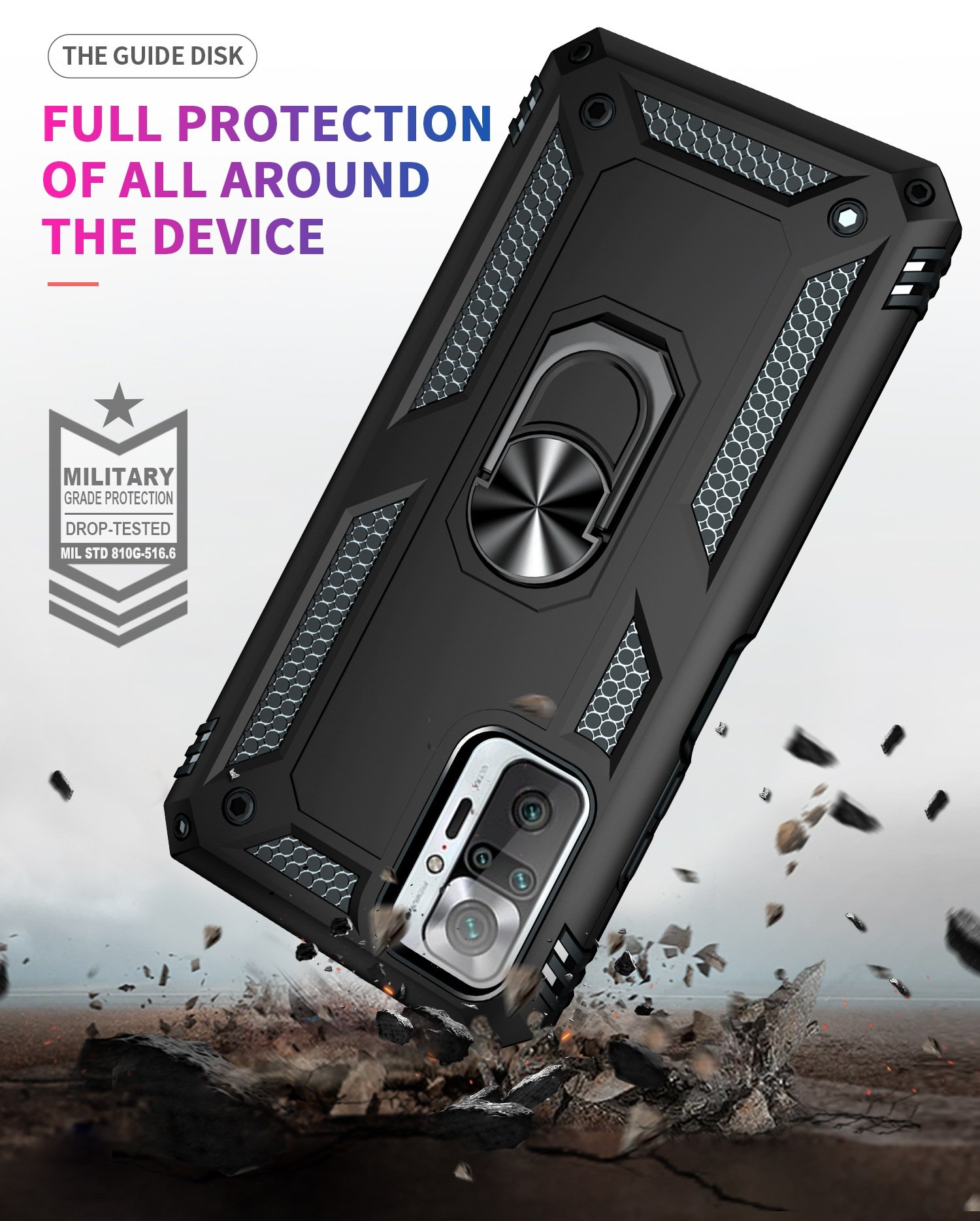 Funda negra para teléfono con anillo metálico. Funda probada contra caídas. Escombros dispersos.