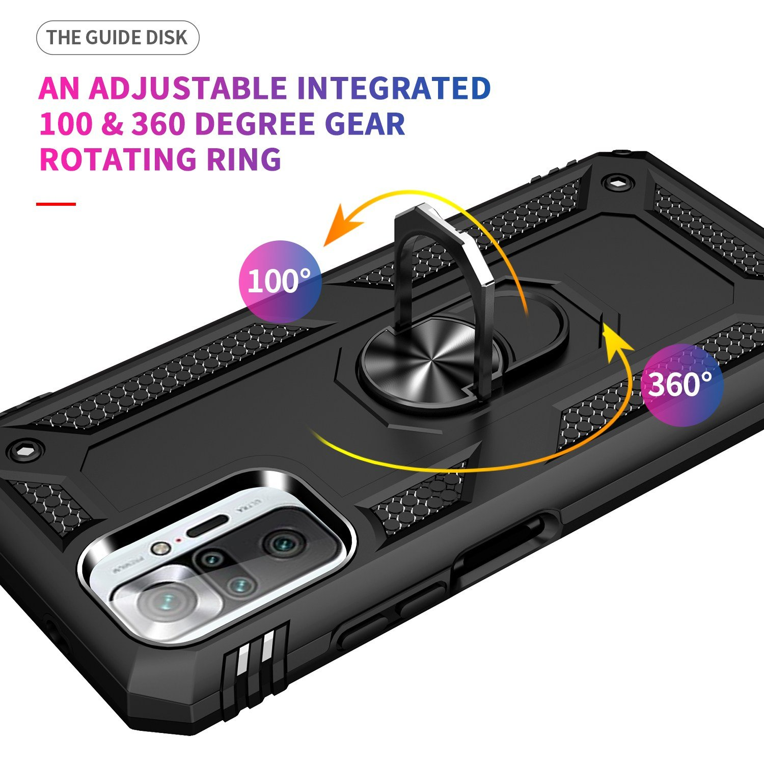 Funda de teléfono con anillo metálico. Flechas indican la rotación de 100 y 360 grados del anillo.