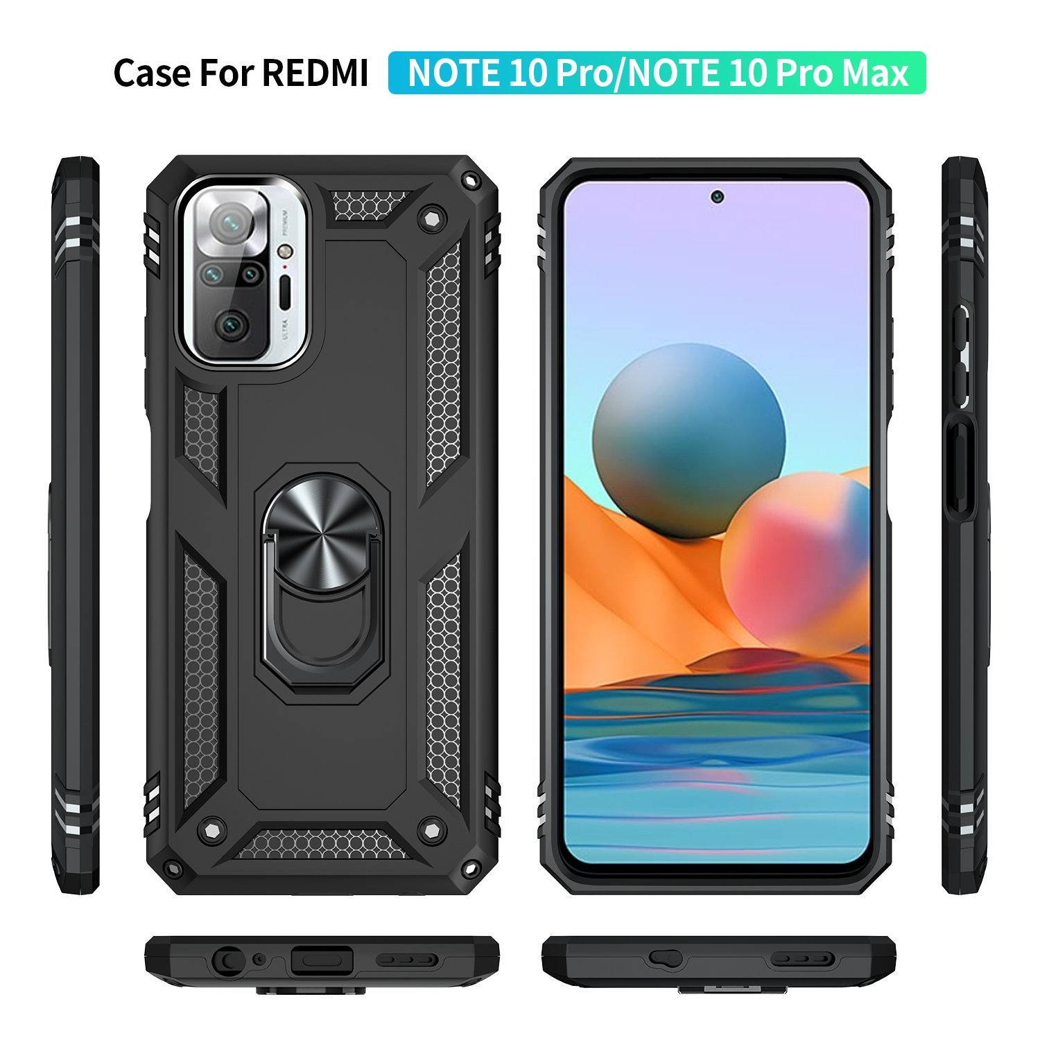 Funda negra para teléfono, vistas laterales del teléfono con fondo azul y naranja.