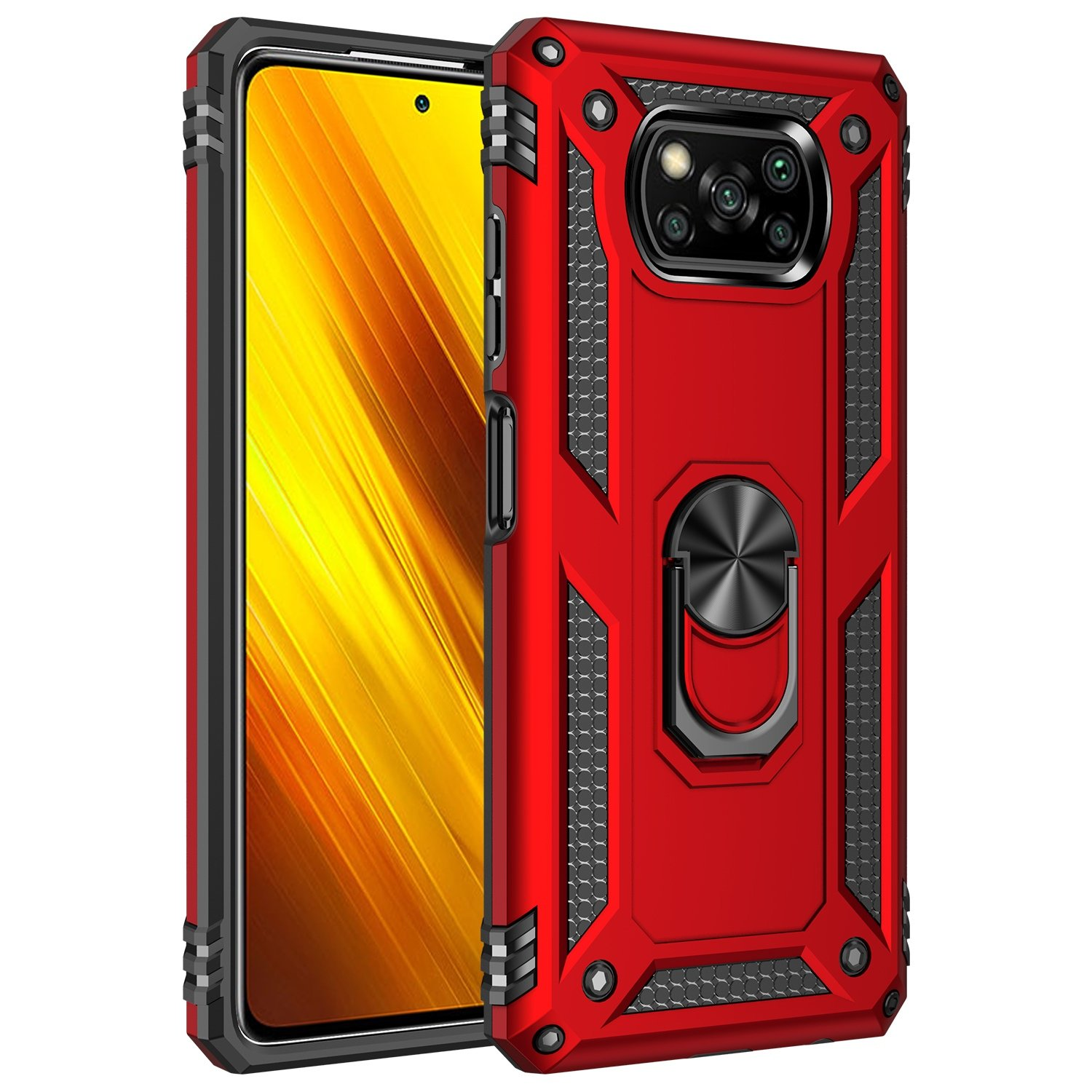 Funda roja con un teléfono. Texto: El anillo giratorio ajustable está disponible como soporte.