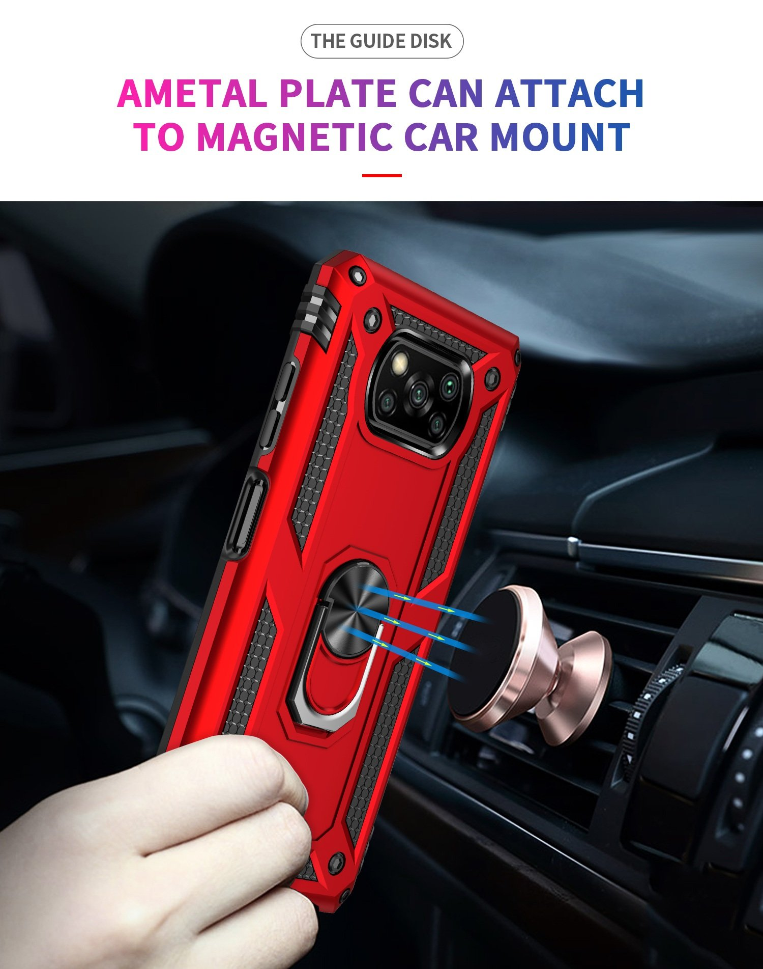 Funda roja sujeta a un soporte de ventilación de coche. Texto: Una placa metálica se puede fijar a un soporte magnético para coche.
