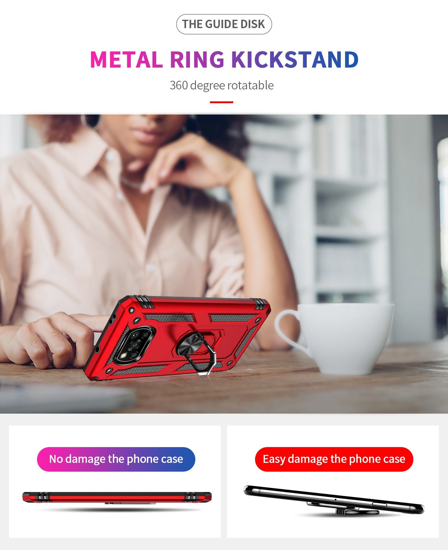 Un teléfono en una funda roja se usa como soporte. Texto: Soporte de anillo metálico, giratorio 360 grados.