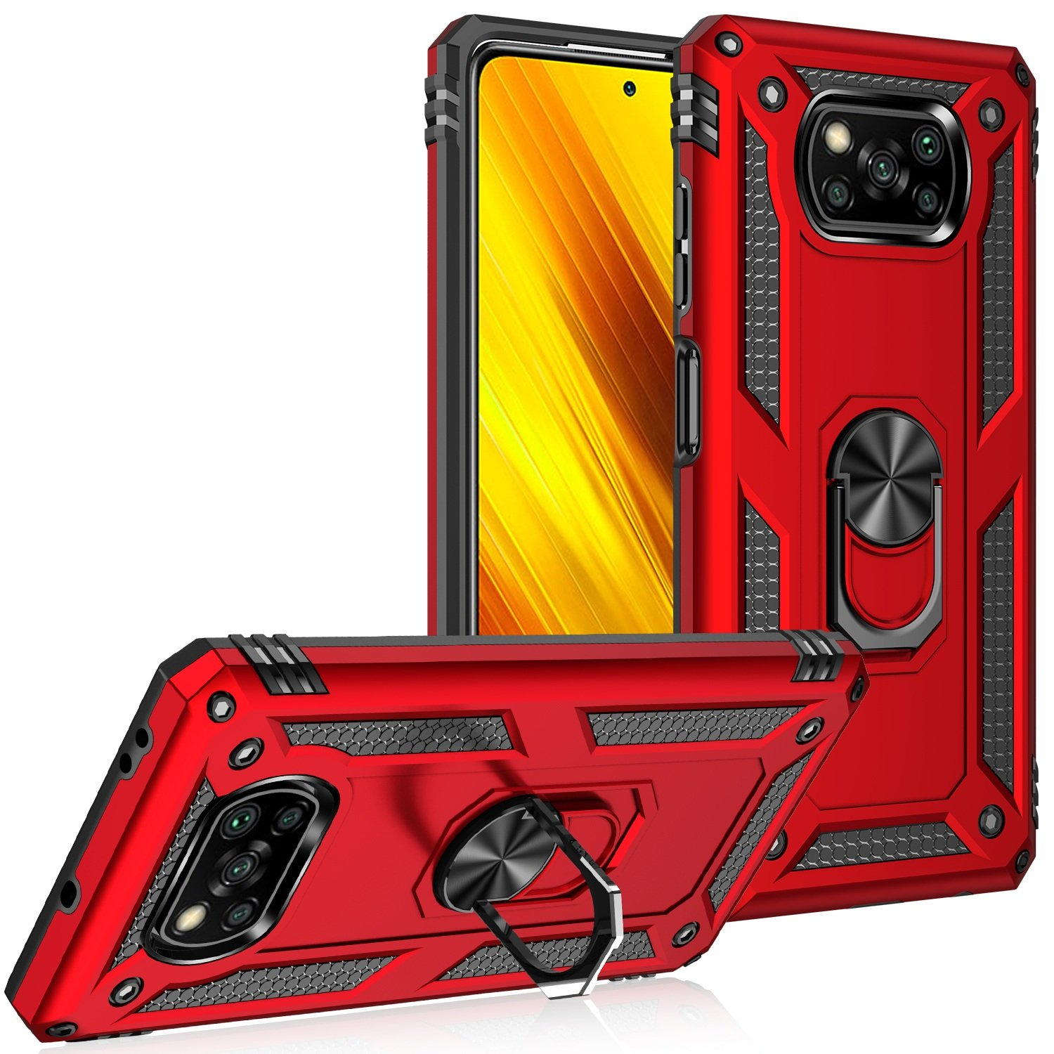 Funda roja con un teléfono dentro. La funda del teléfono se muestra desde múltiples ángulos.