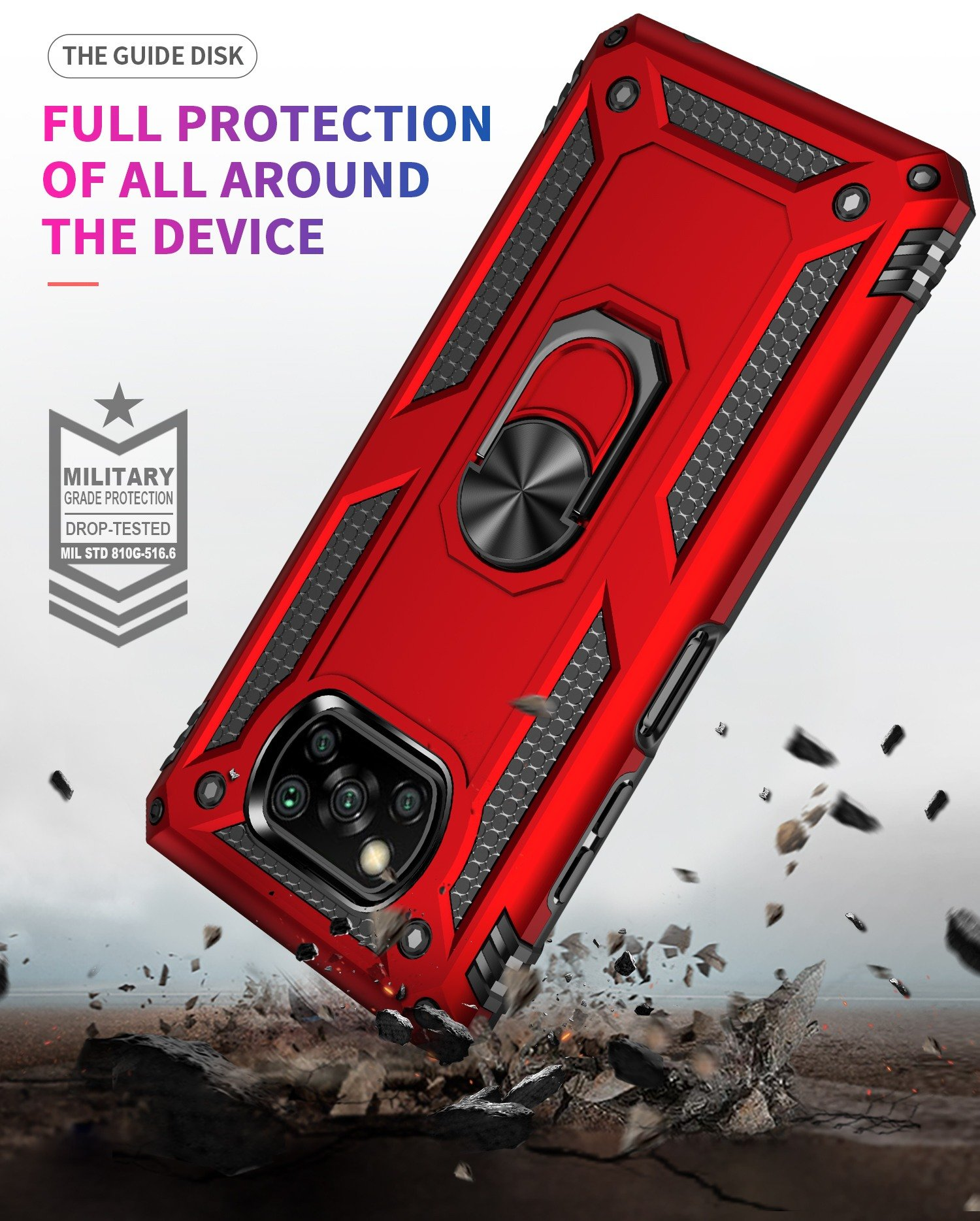 Funda roja en una superficie con escombros. Texto: Protección completa de todo el dispositivo. Probada contra caídas.