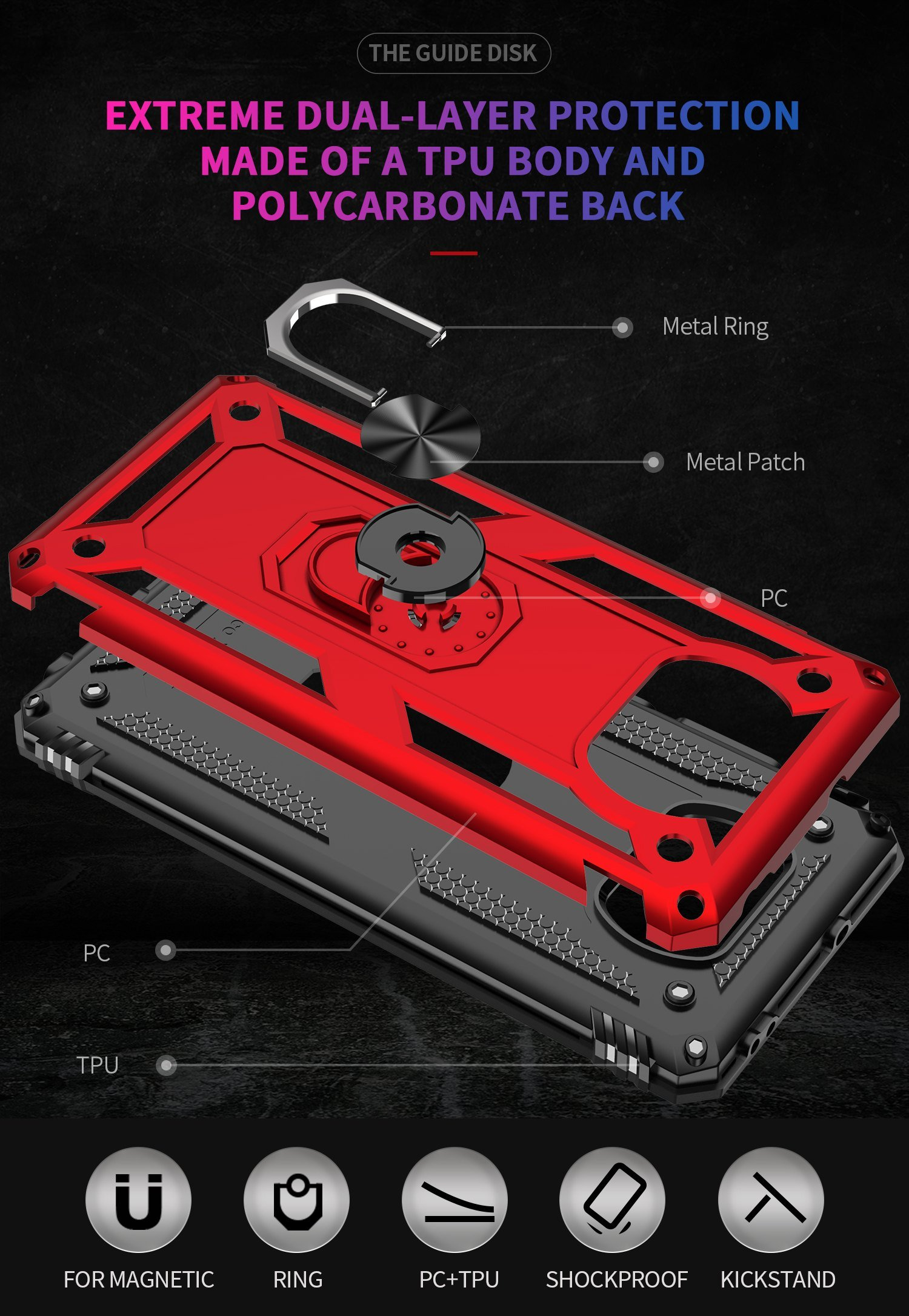 Funda roja, vista explosionada mostrando las capas y el anillo. Texto: protección de doble capa extrema.