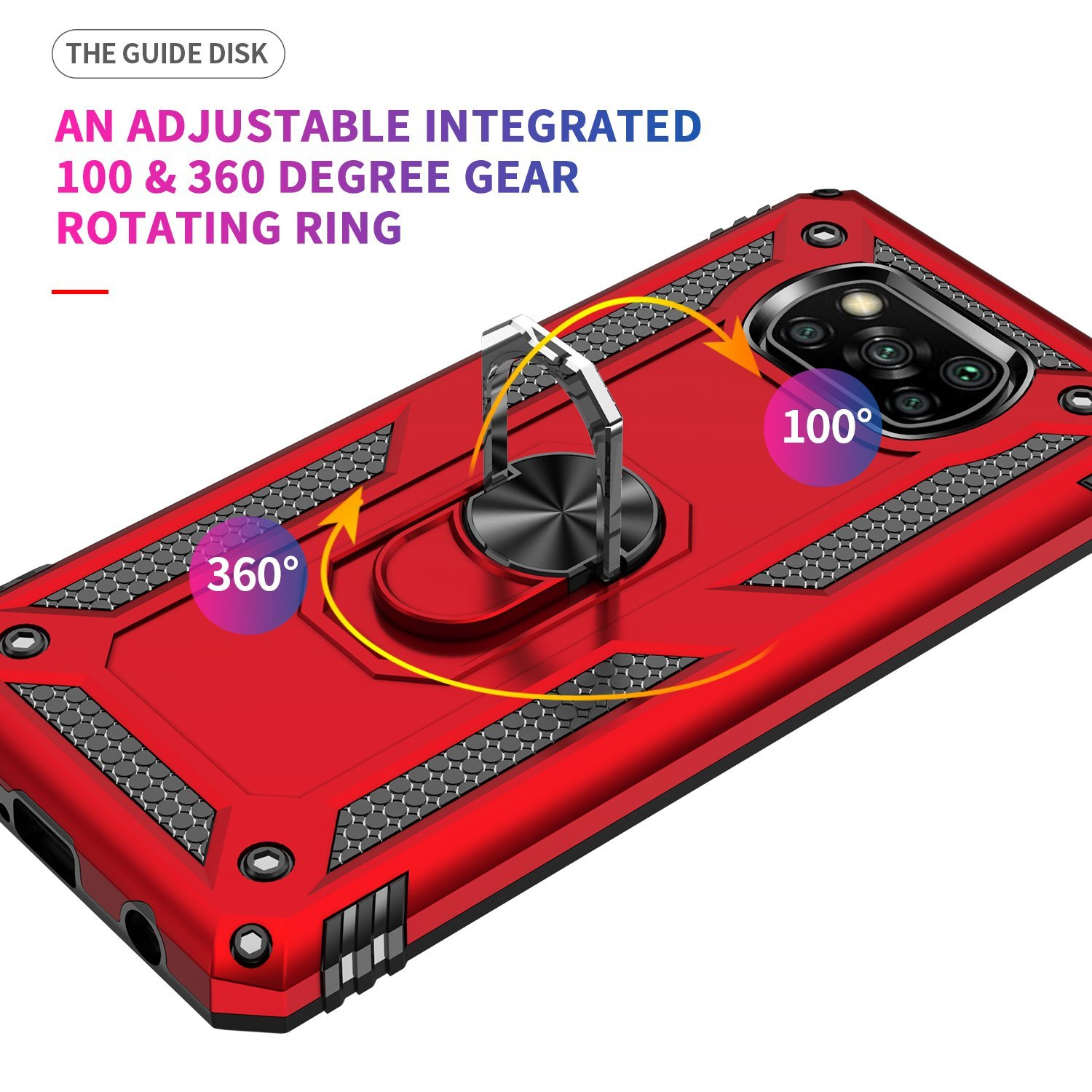 Funda roja con anillo giratorio de 100 y 360 grados. Texto: anillo giratorio ajustable.