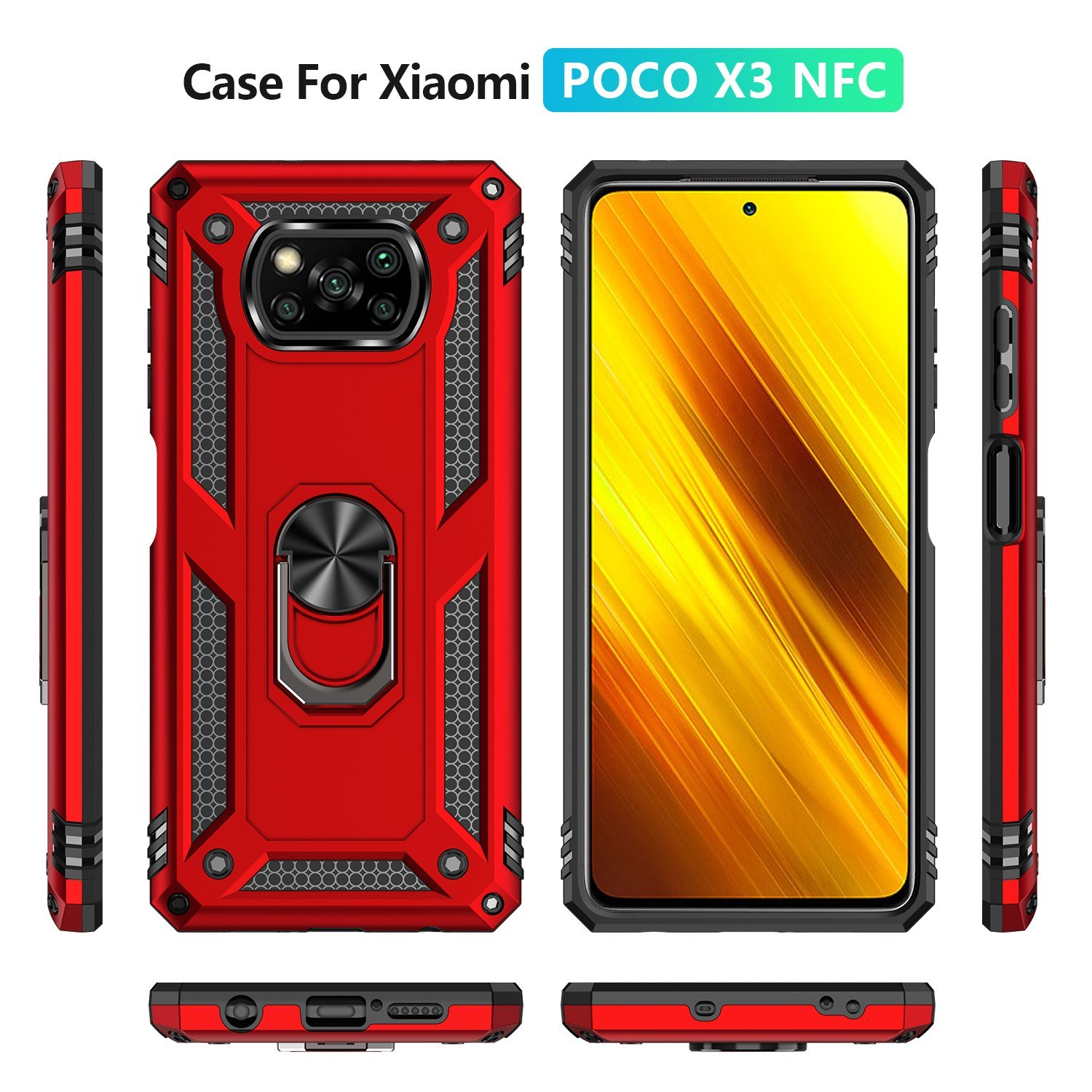 Funda de teléfono con un teléfono dentro. La funda es roja con un anillo. Texto: Funda para Xiaomi POCO X3 NFC.