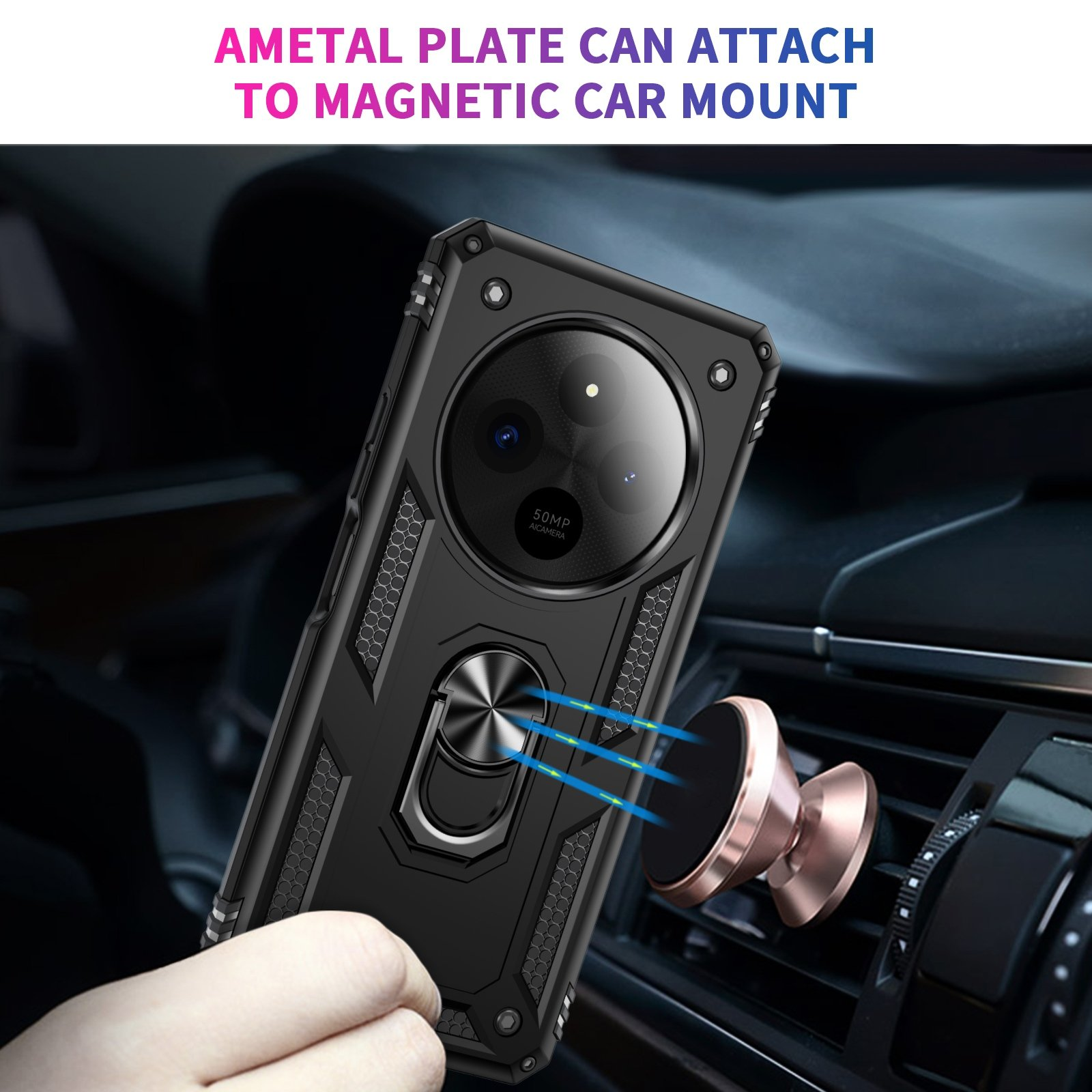 Funda negra sujeta a un soporte magnético para coche. Una mano sostiene el teléfono.