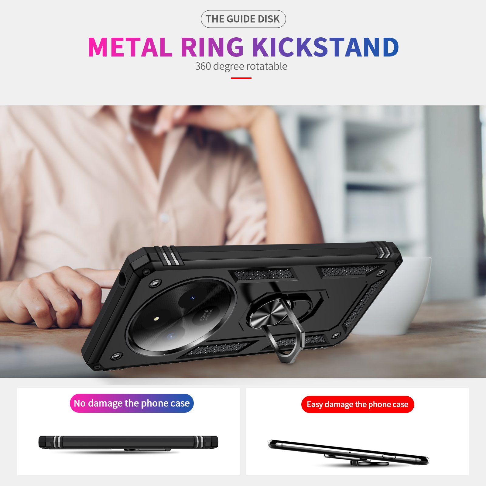 Funda de teléfono negra con anillo metálico. El teléfono está apoyado en una mesa como soporte.