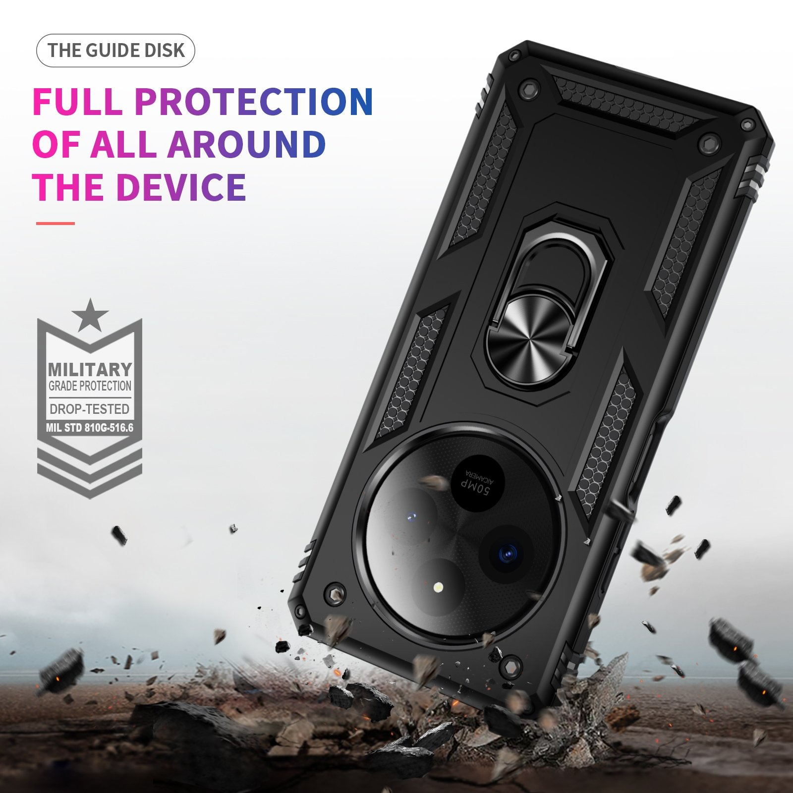 Funda negra con anillo metálico. Una funda de teléfono está sobre una superficie que se rompe.