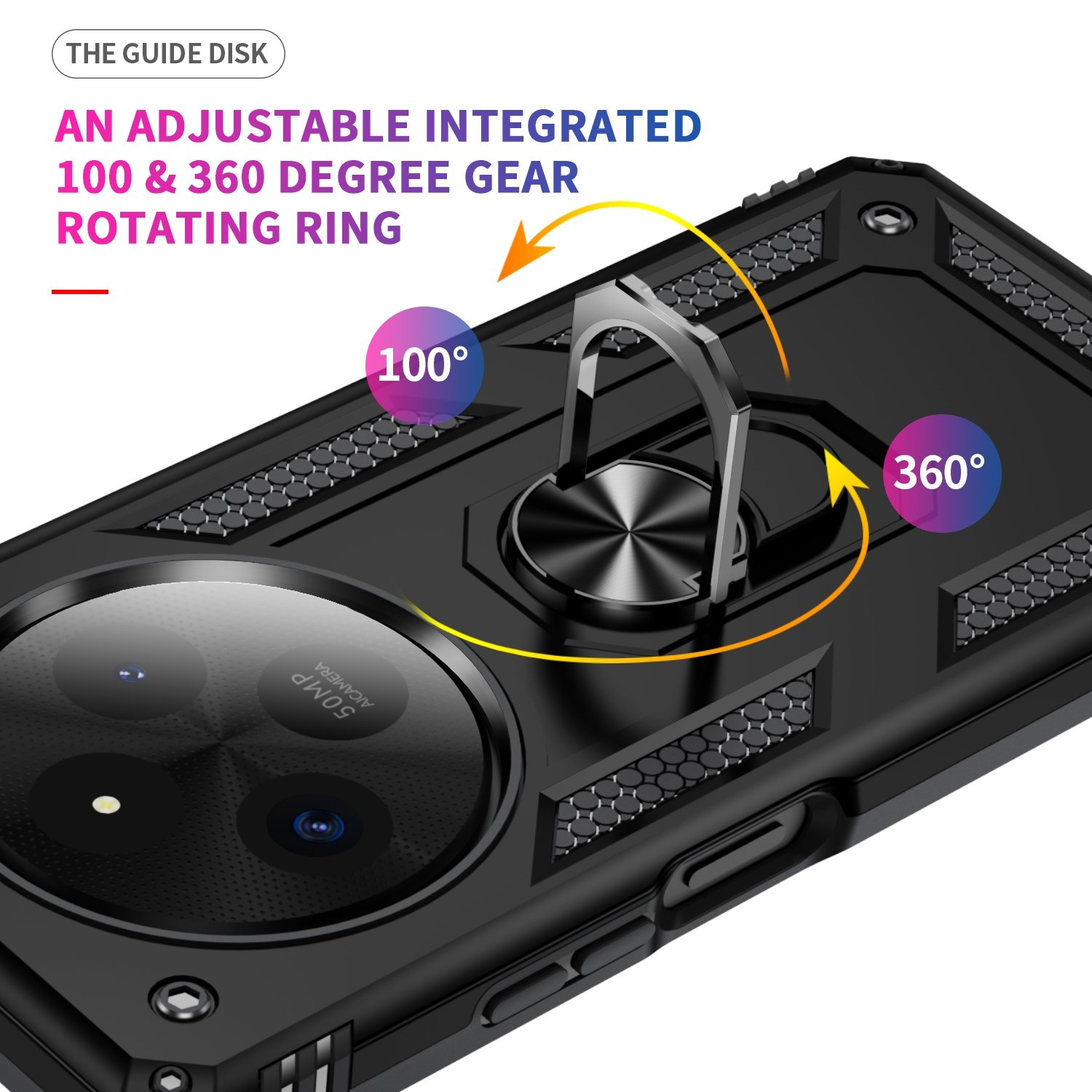 Funda negra con soporte de anillo. El soporte de anillo puede girar 100 y 360 grados.