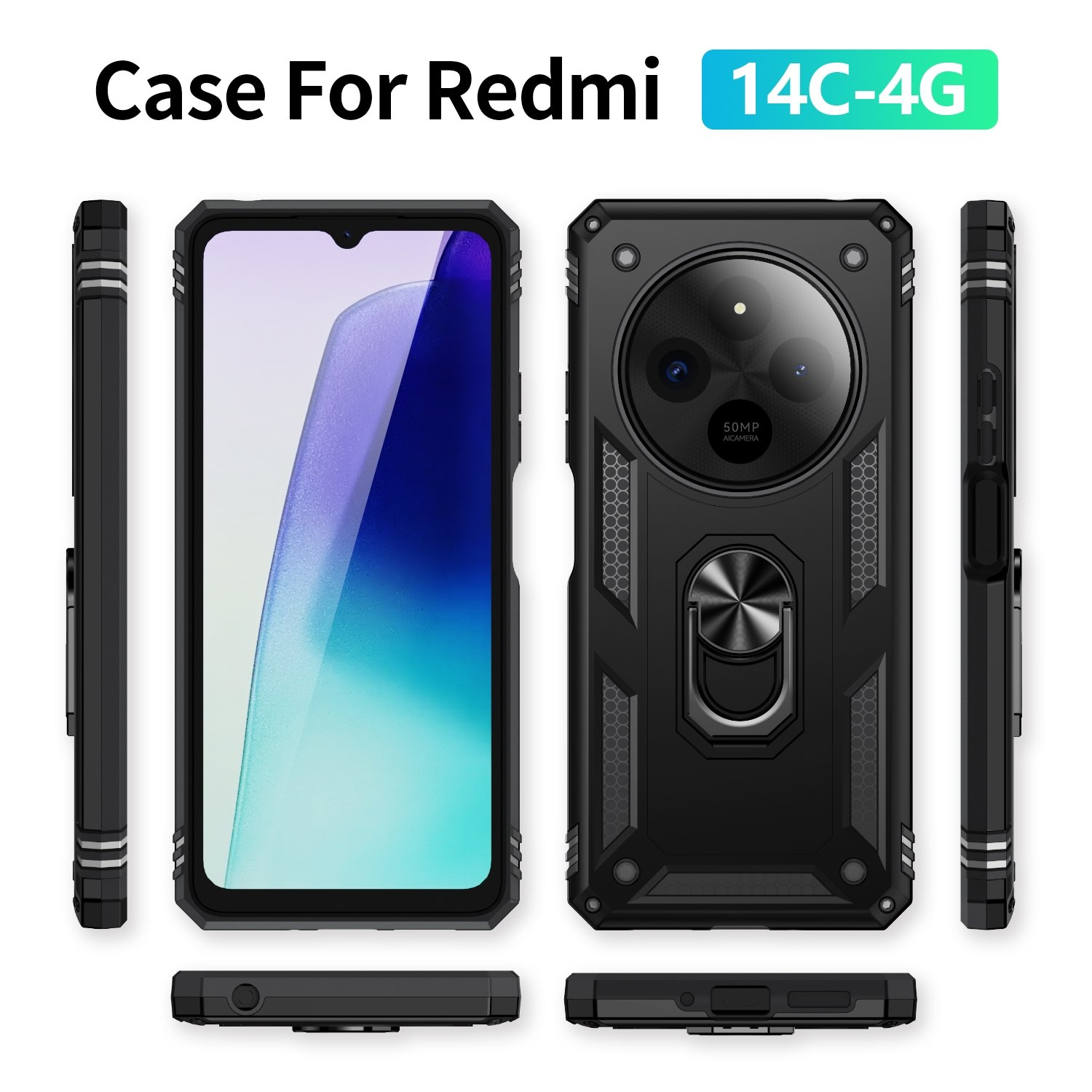 Funda para Redmi 14C-4G. La funda es negra y tiene un orificio para la cámara y soporte de anillo.