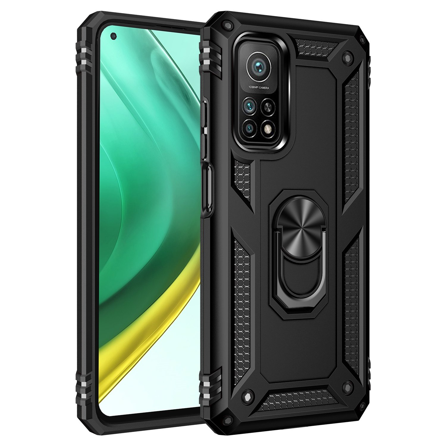 Funda negra con soporte de anillo y cámara. El teléfono es visible al lado de la funda.