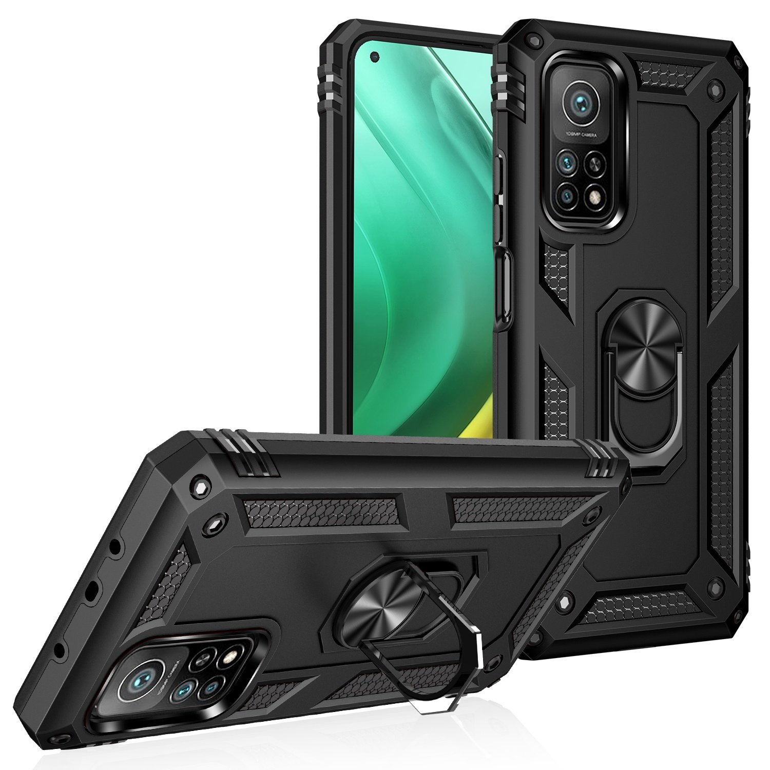 Funda de teléfono negra con un soporte de anillo. La funda del teléfono es negra con un teléfono dentro.