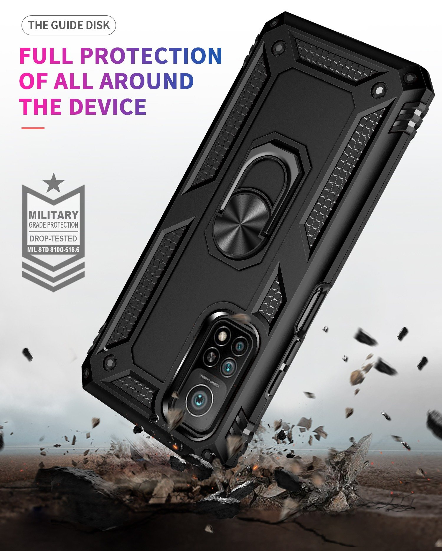 Funda negra para teléfono con soporte de anillo. Protección de grado militar. La funda es probada contra caídas.