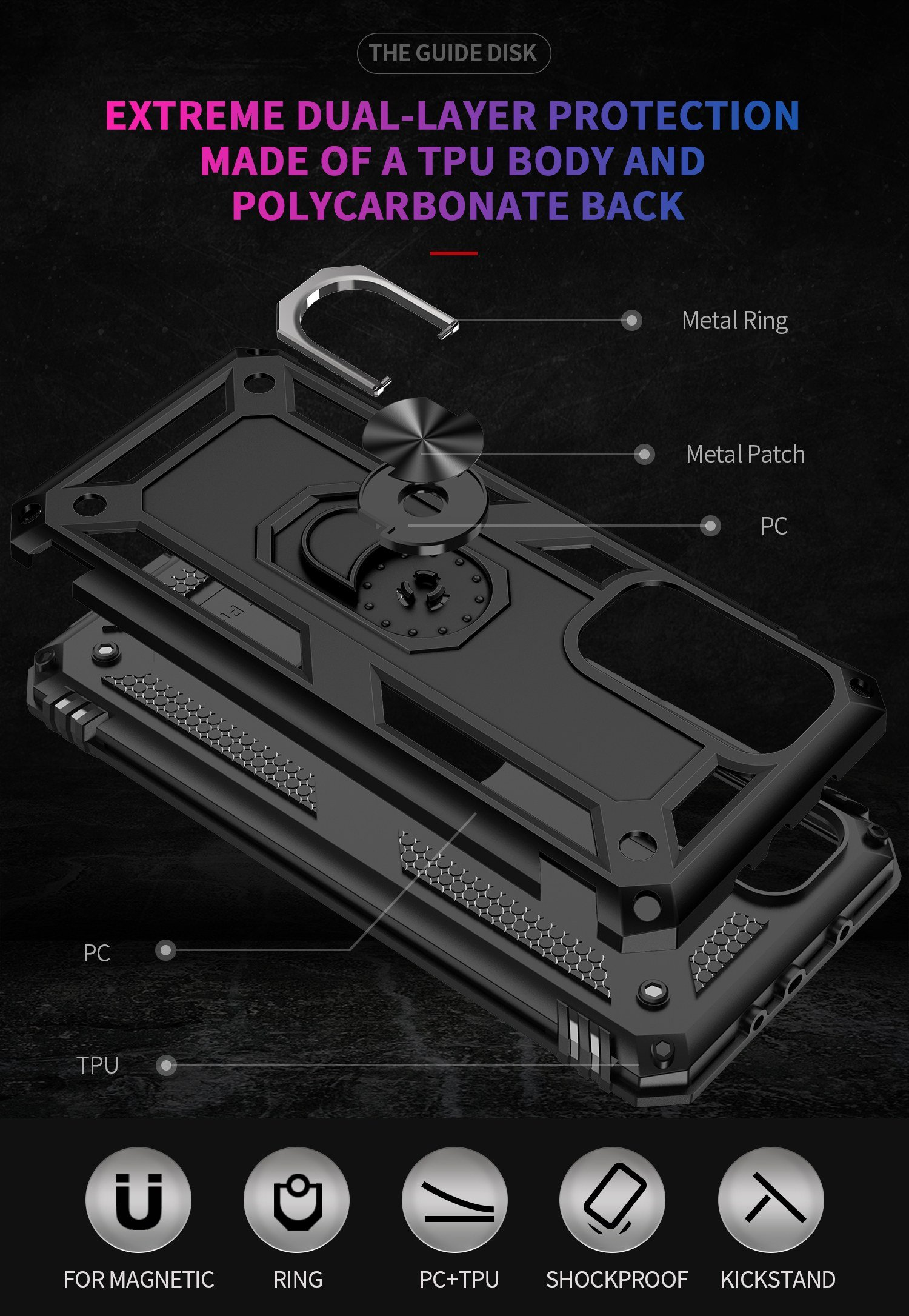 Funda negra para teléfono con soporte de anillo. Protección de grado militar. La funda es probada contra caídas.