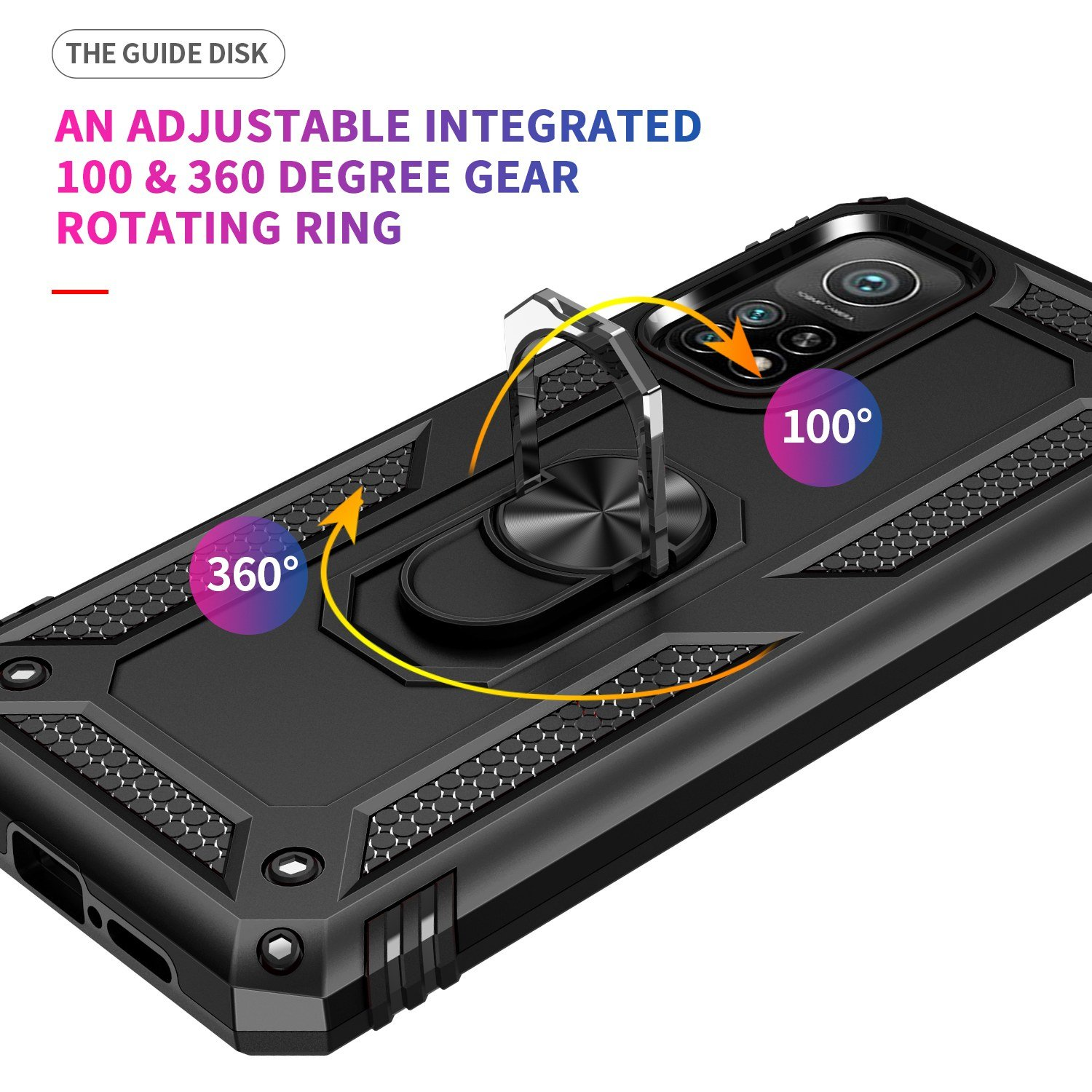 Funda de teléfono negra con soporte de anillo. El soporte puede girar 360 y 100 grados.