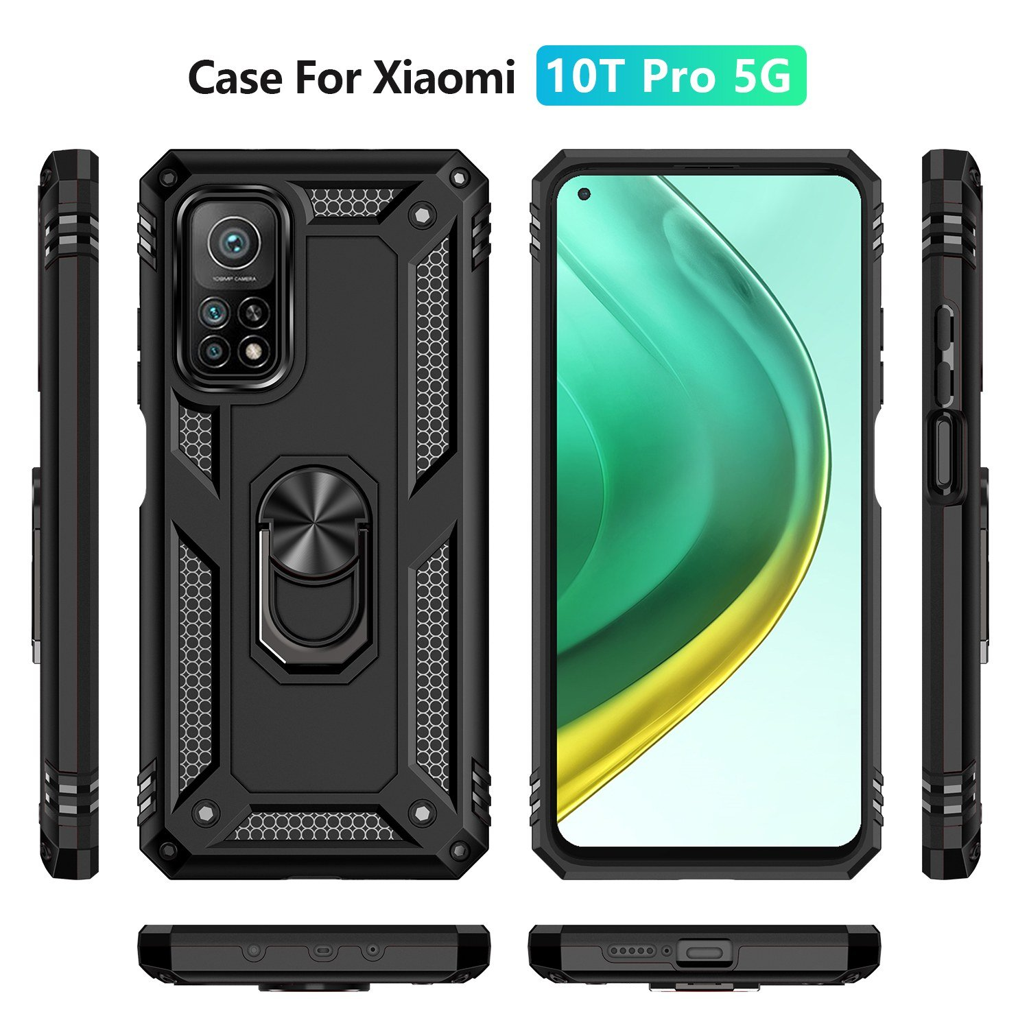 Funda para Xiaomi 10T Pro 5G. La funda es negra. Hay vistas desde diferentes ángulos.