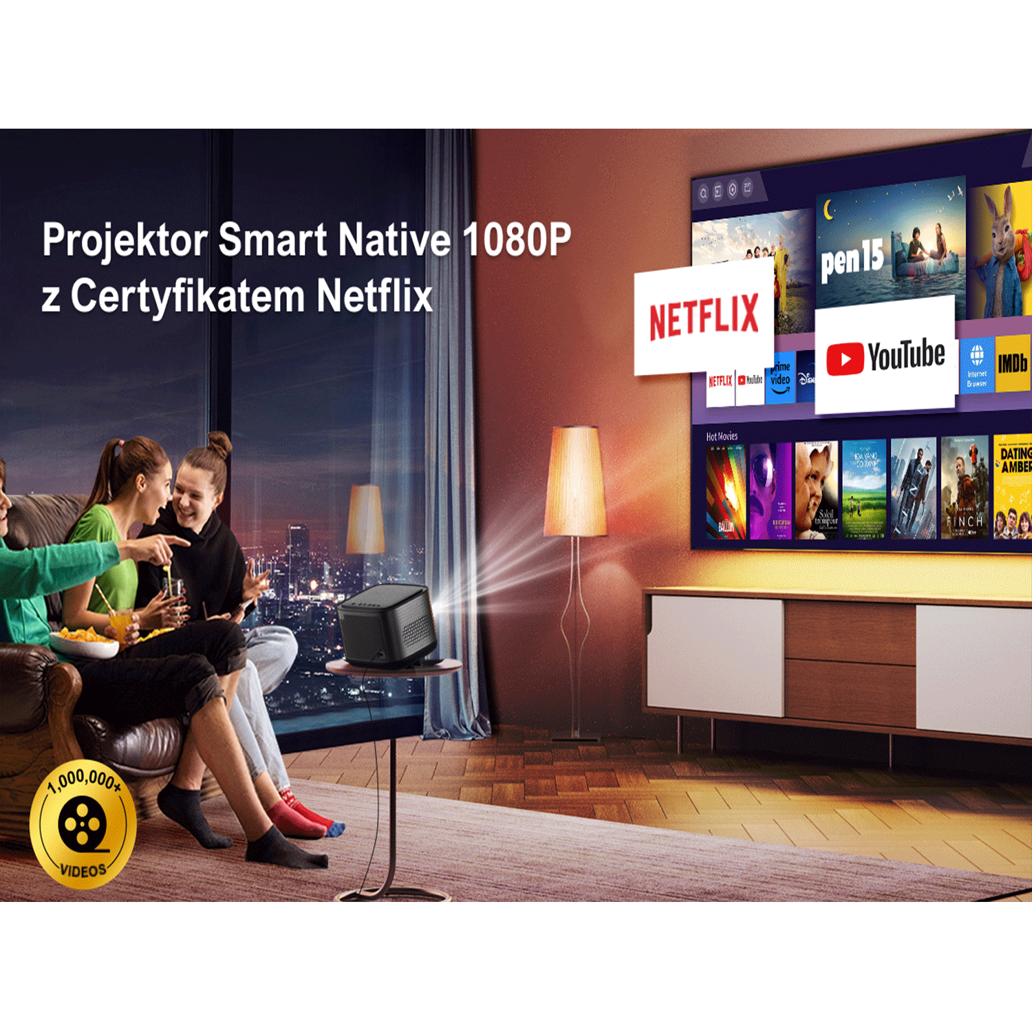 Ludzie oglądają projekcję na telewizorze, z logo Netflix i Youtube na ekranie.