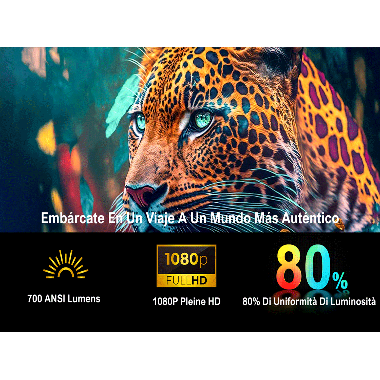 Zbliżenie twarzy lamparta z tekstem o bardziej autentycznym świecie i specyfikacjami obrazu poniżej.