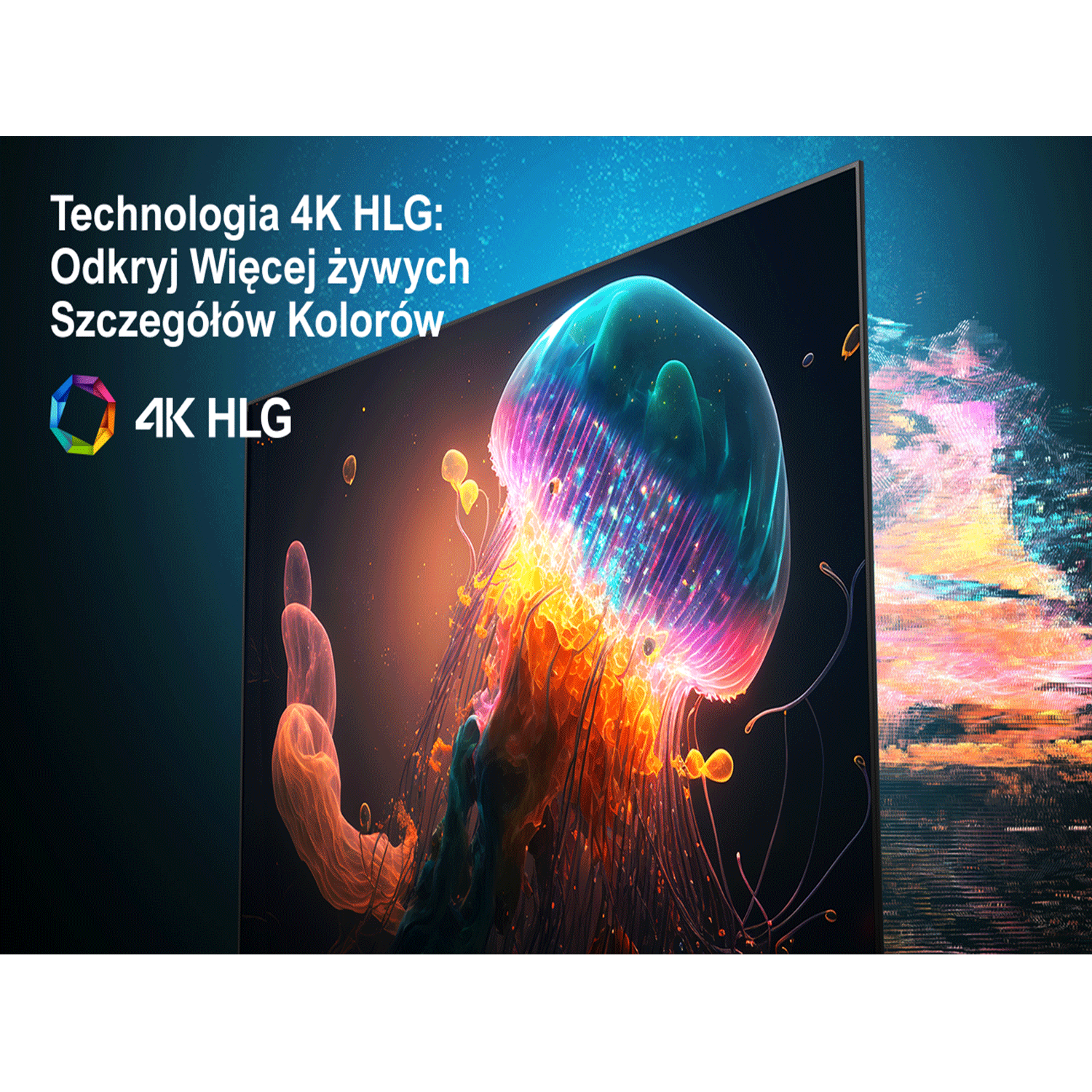 Meduza w jasnej ekspozycji z tekstem o technologii 4K HLG i szczegółach kolorystycznych.