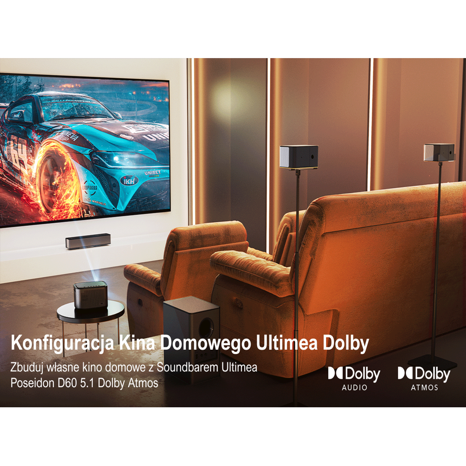 Konfiguracja kina domowego z projektorem wyświetlającym na ekranie, prezentująca Dolby Atmos.